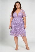 Plus Size Lilac Floral Embroidery Lace Deep V Short Sleeve Knee Length A Line Formal Cocktail Dress