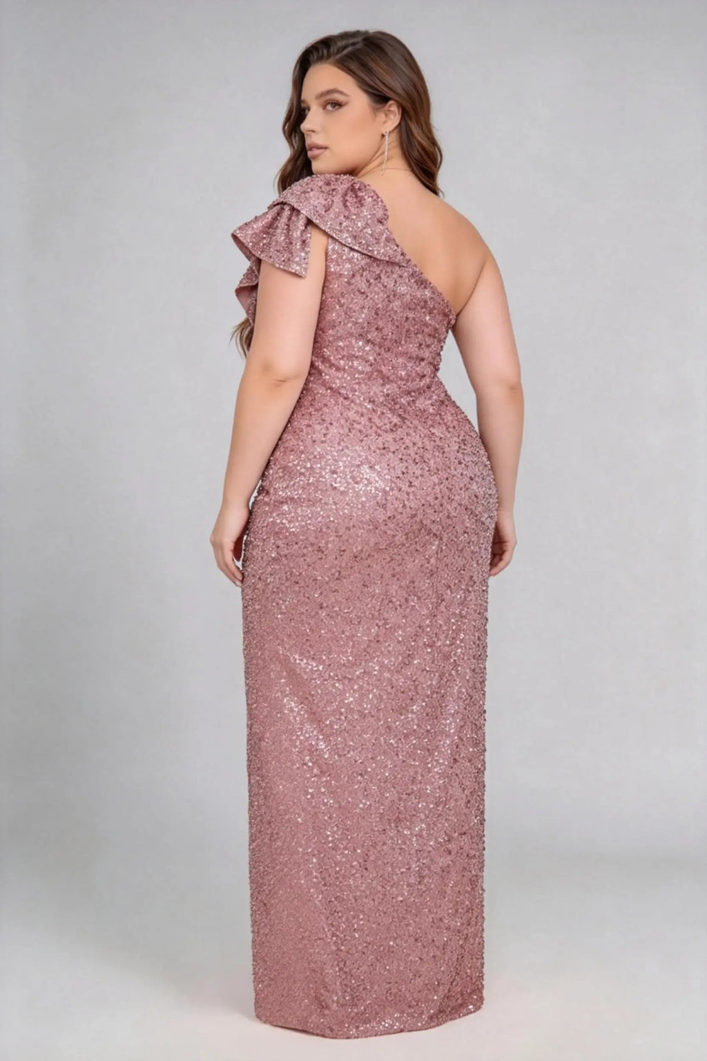 Plus Size One Shoulder Ruffle All Over Sequin High Split Mermaid Maxi Formal Evening Gown