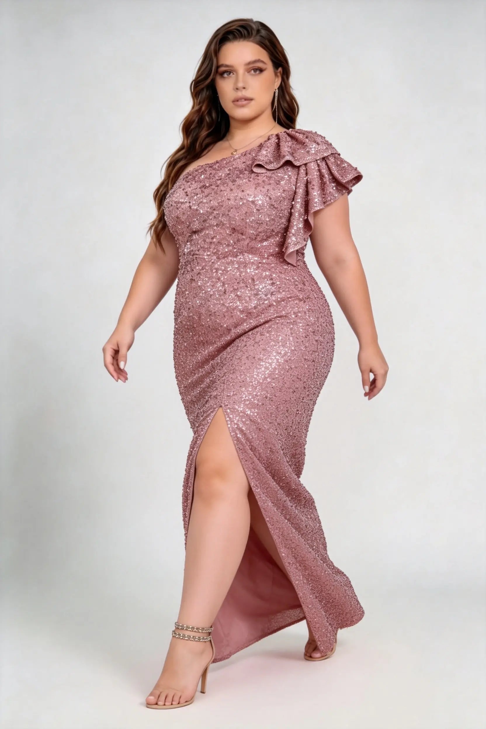 Plus Size One Shoulder Ruffle All Over Sequin High Split Mermaid Maxi Formal Evening Gown