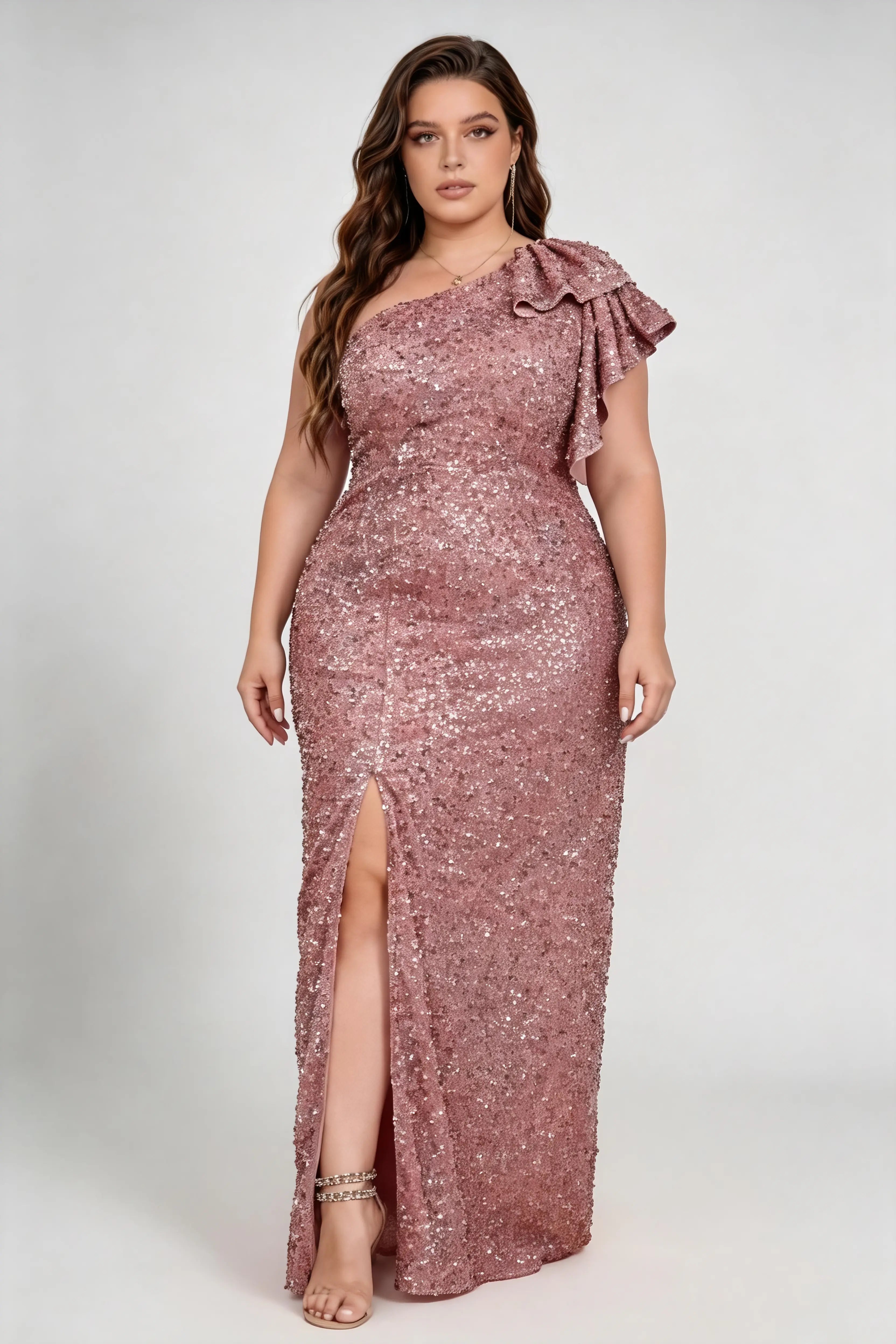Plus Size One Shoulder Ruffle All Over Sequin High Split Mermaid Maxi Formal Evening Gown