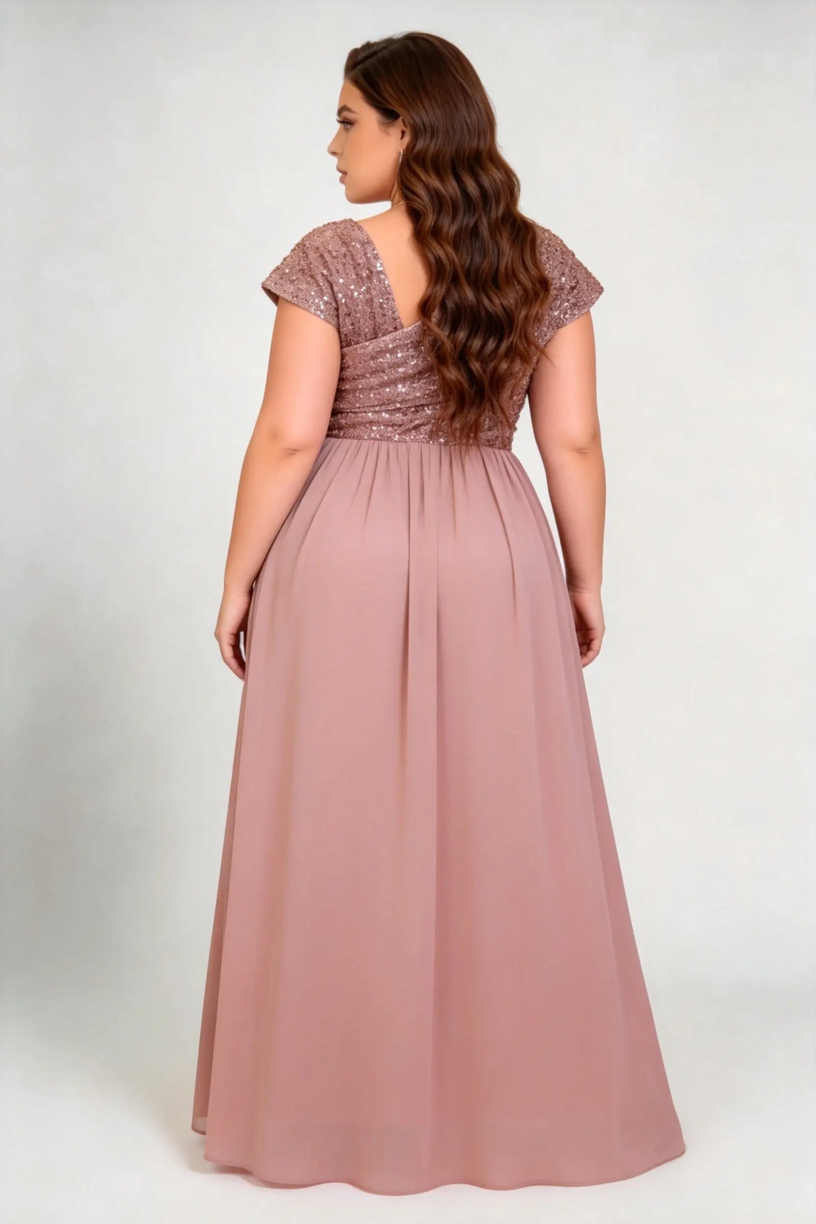 Plus Size Asymmetric Neck Sequin Bodice Chiffon A Line Maxi Bridesmaid Formal Evening Dress