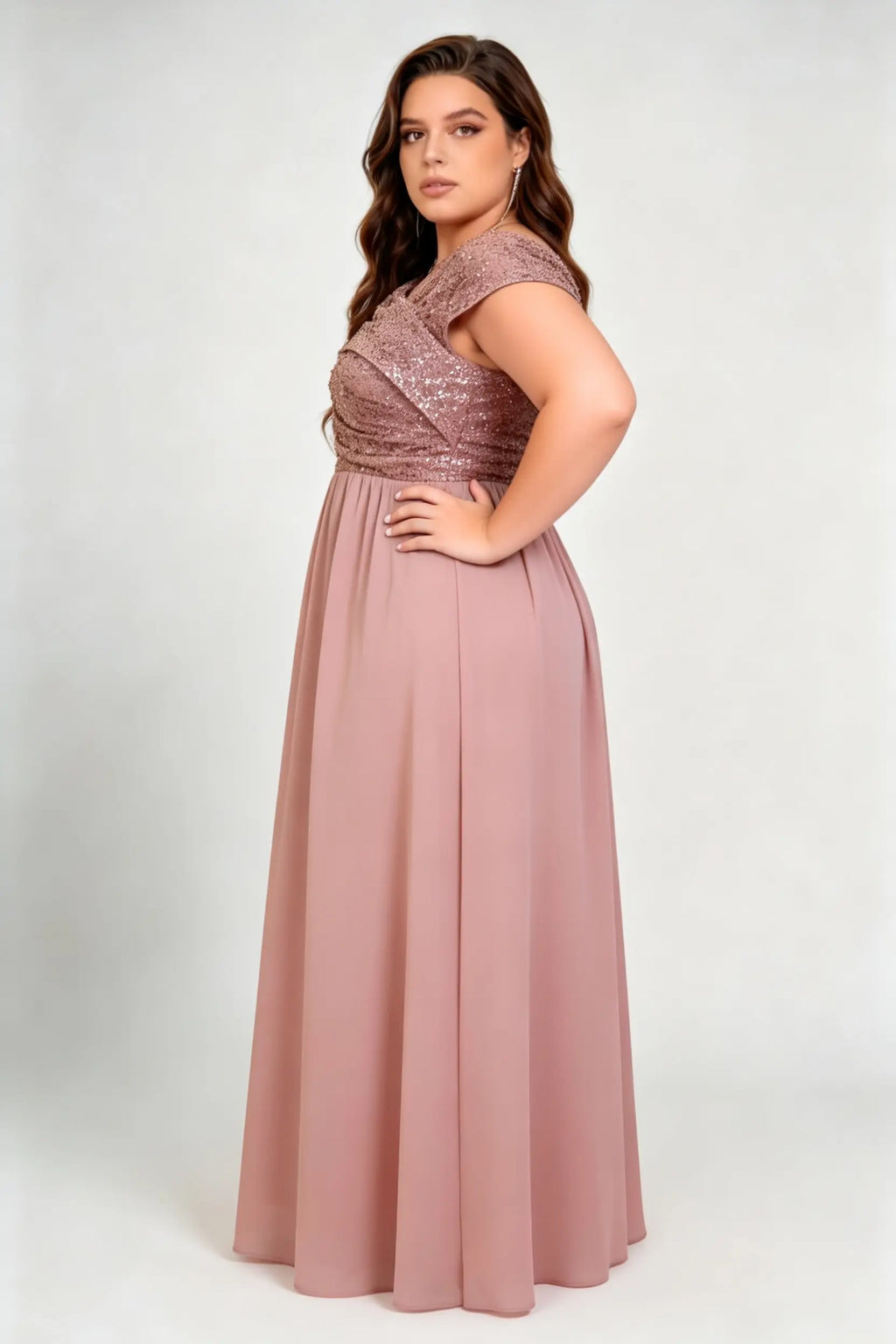Plus Size Asymmetric Neck Sequin Bodice Chiffon A Line Maxi Bridesmaid Formal Evening Dress