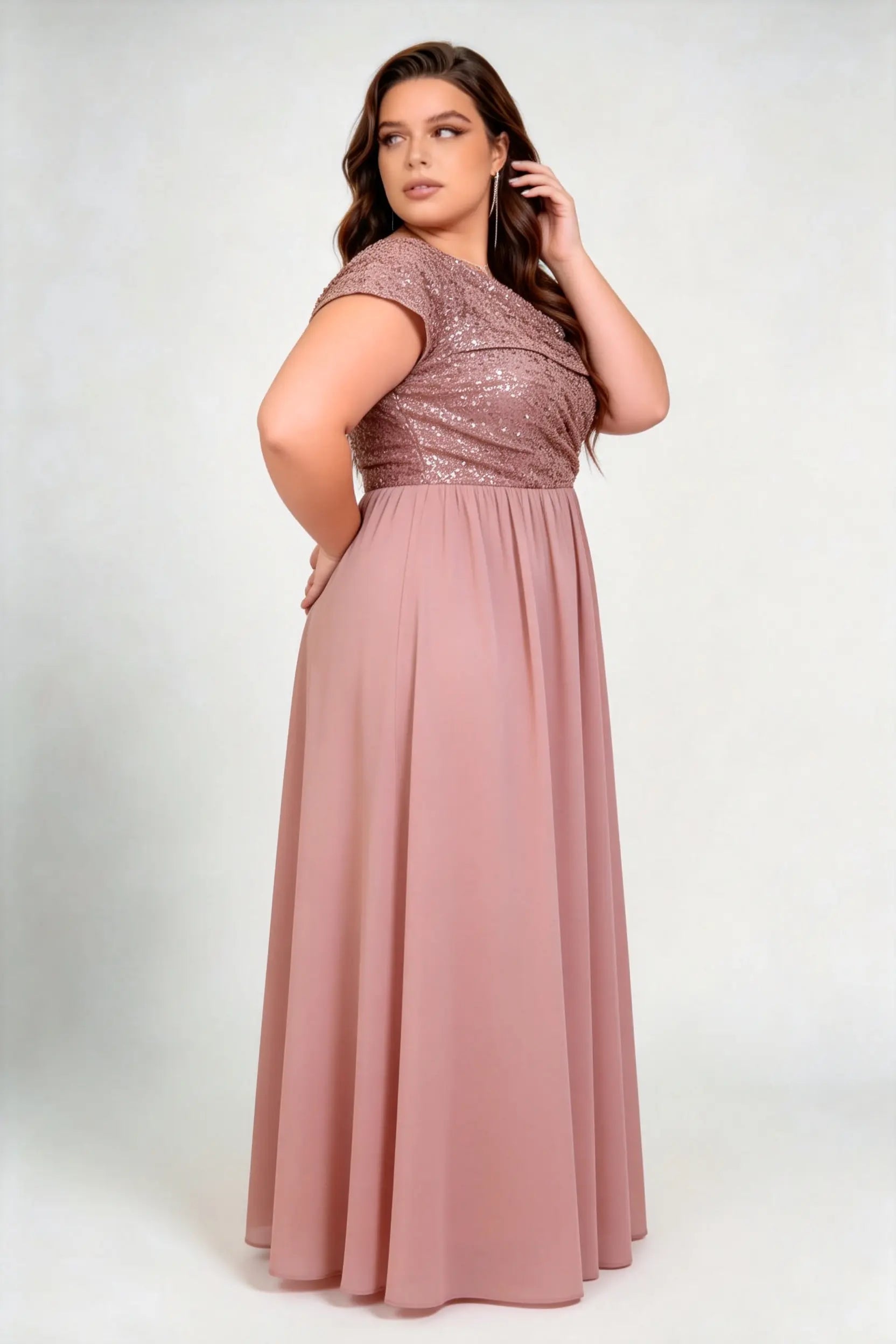 Plus Size Asymmetric Neck Sequin Bodice Chiffon A Line Maxi Bridesmaid Formal Evening Dress