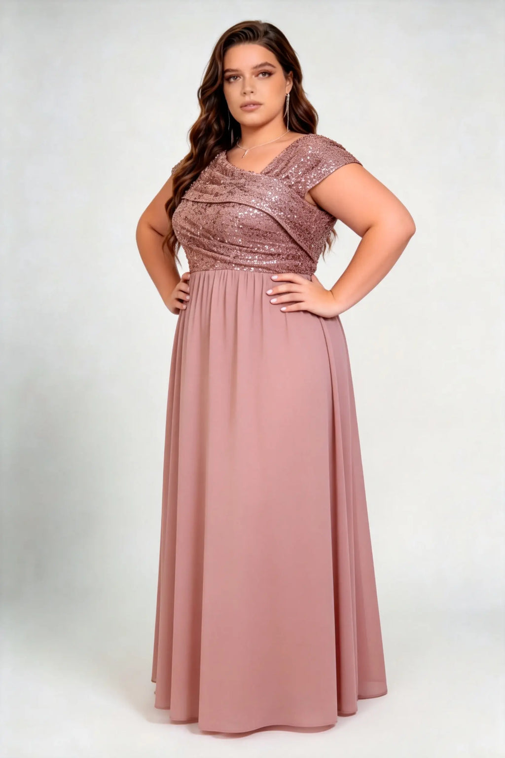 Plus Size Asymmetric Neck Sequin Bodice Chiffon A Line Maxi Bridesmaid Formal Evening Dress
