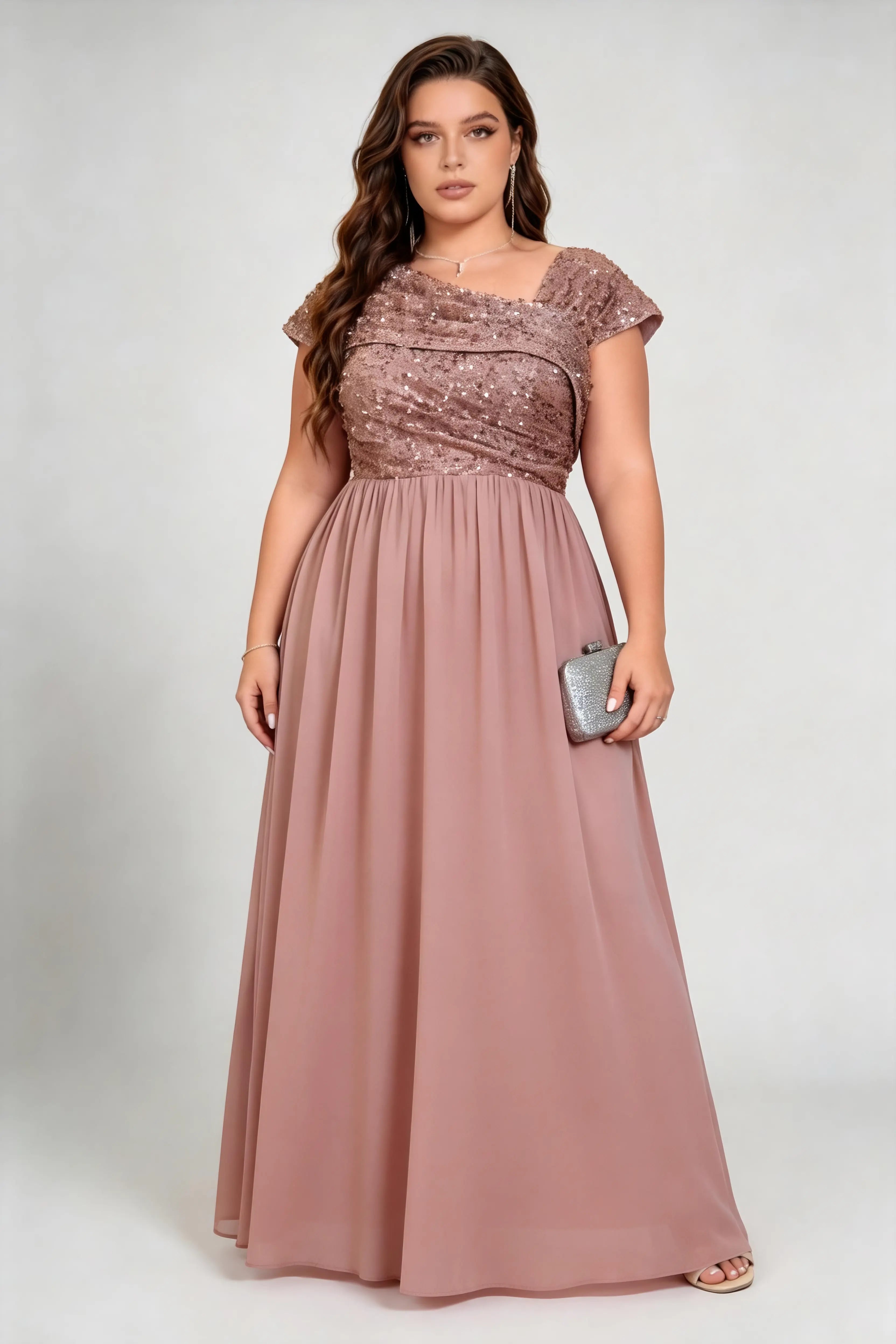 Plus Size Asymmetric Neck Sequin Bodice Chiffon A Line Maxi Bridesmaid Formal Evening Dress