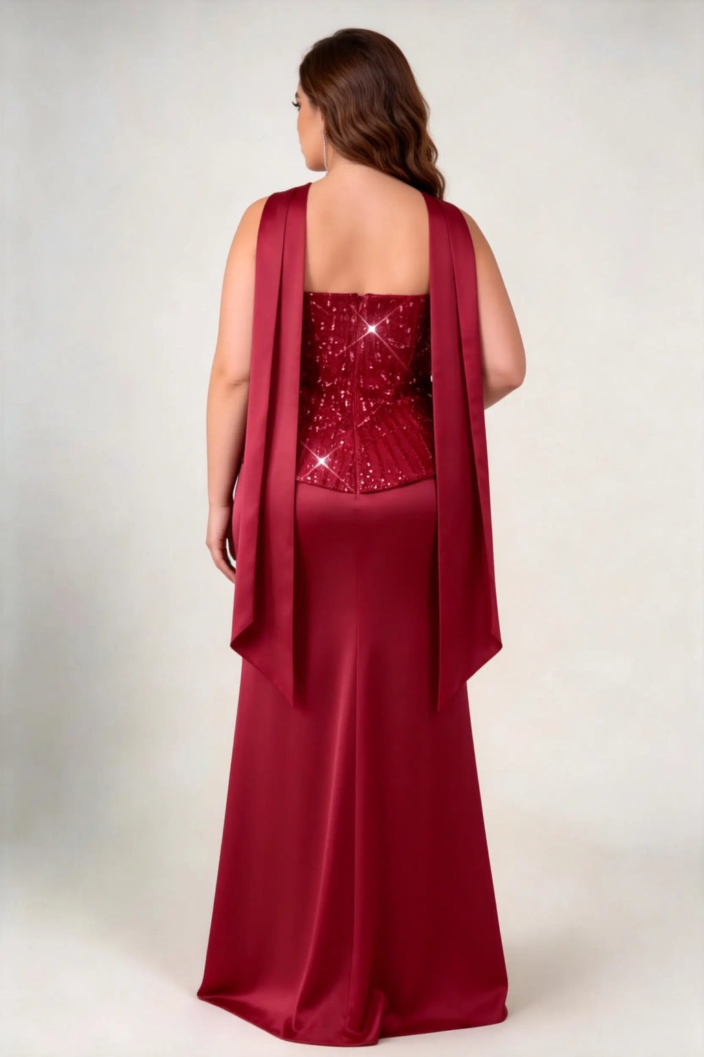Plus Size Halter Scarf Tie Strapless Sequin Bodice Satin Mermaid Maxi Evening Gown
