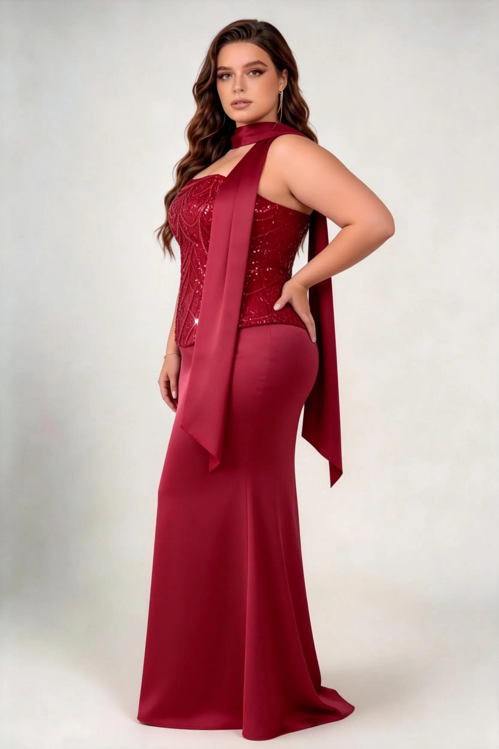 Plus Size Halter Scarf Tie Strapless Sequin Bodice Satin Mermaid Maxi Evening Gown