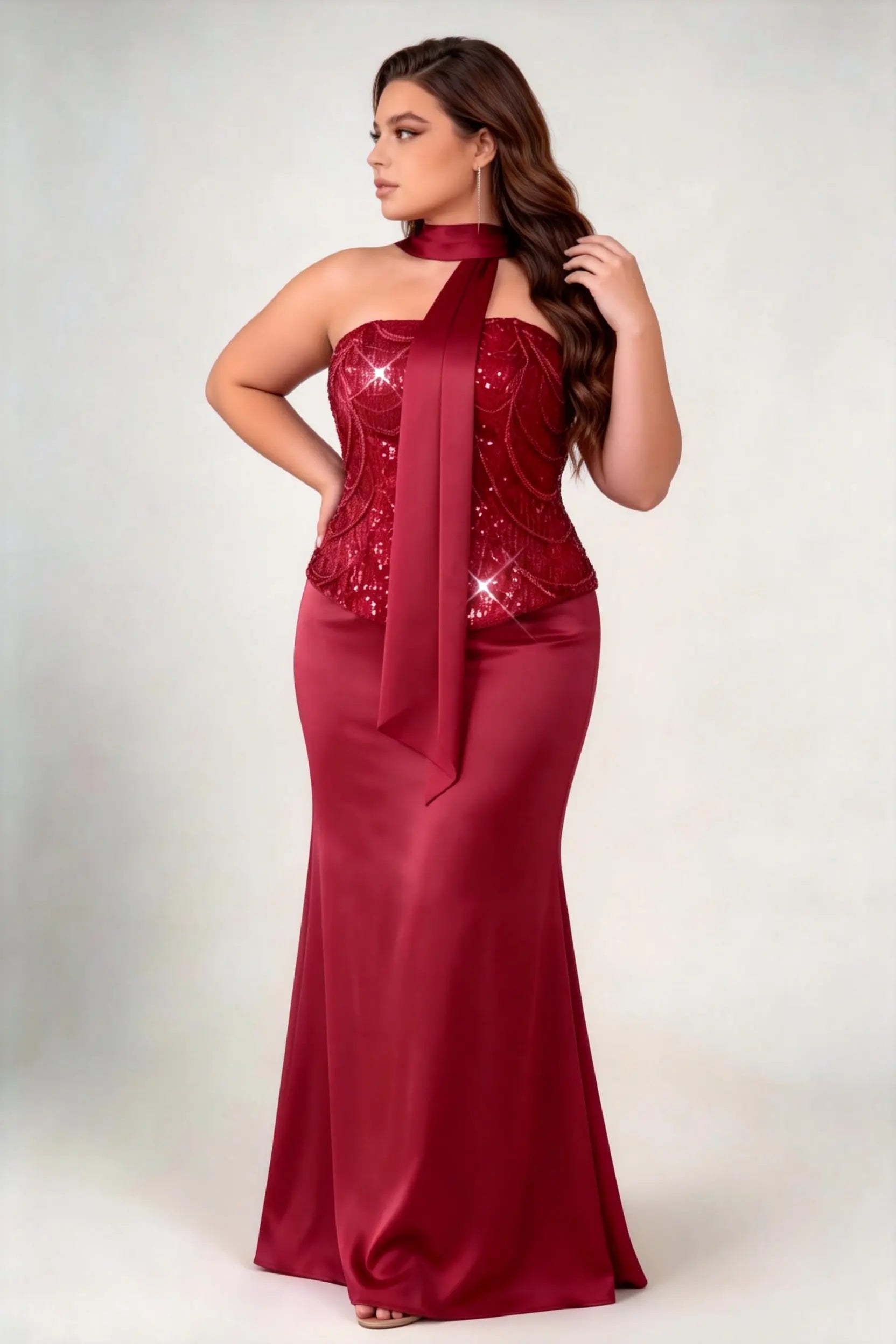 Plus Size Halter Scarf Tie Strapless Sequin Bodice Satin Mermaid Maxi Evening Gown