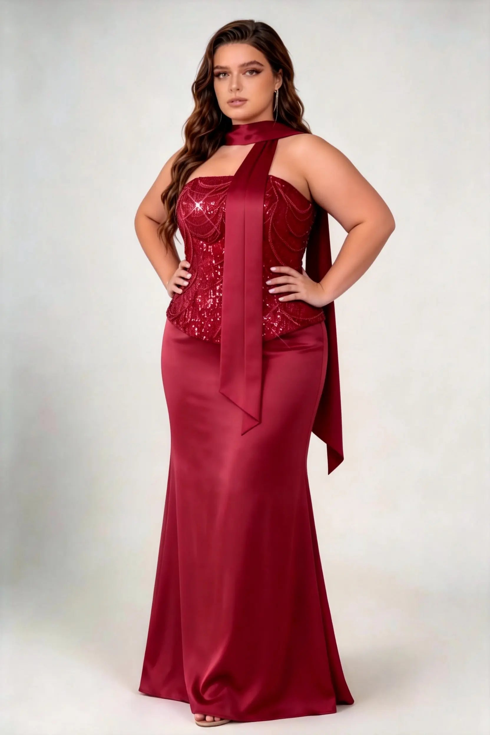 Plus Size Halter Scarf Tie Strapless Sequin Bodice Satin Mermaid Maxi Evening Gown