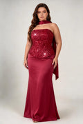 Plus Size Halter Scarf Tie Strapless Sequin Bodice Satin Mermaid Maxi Evening Gown