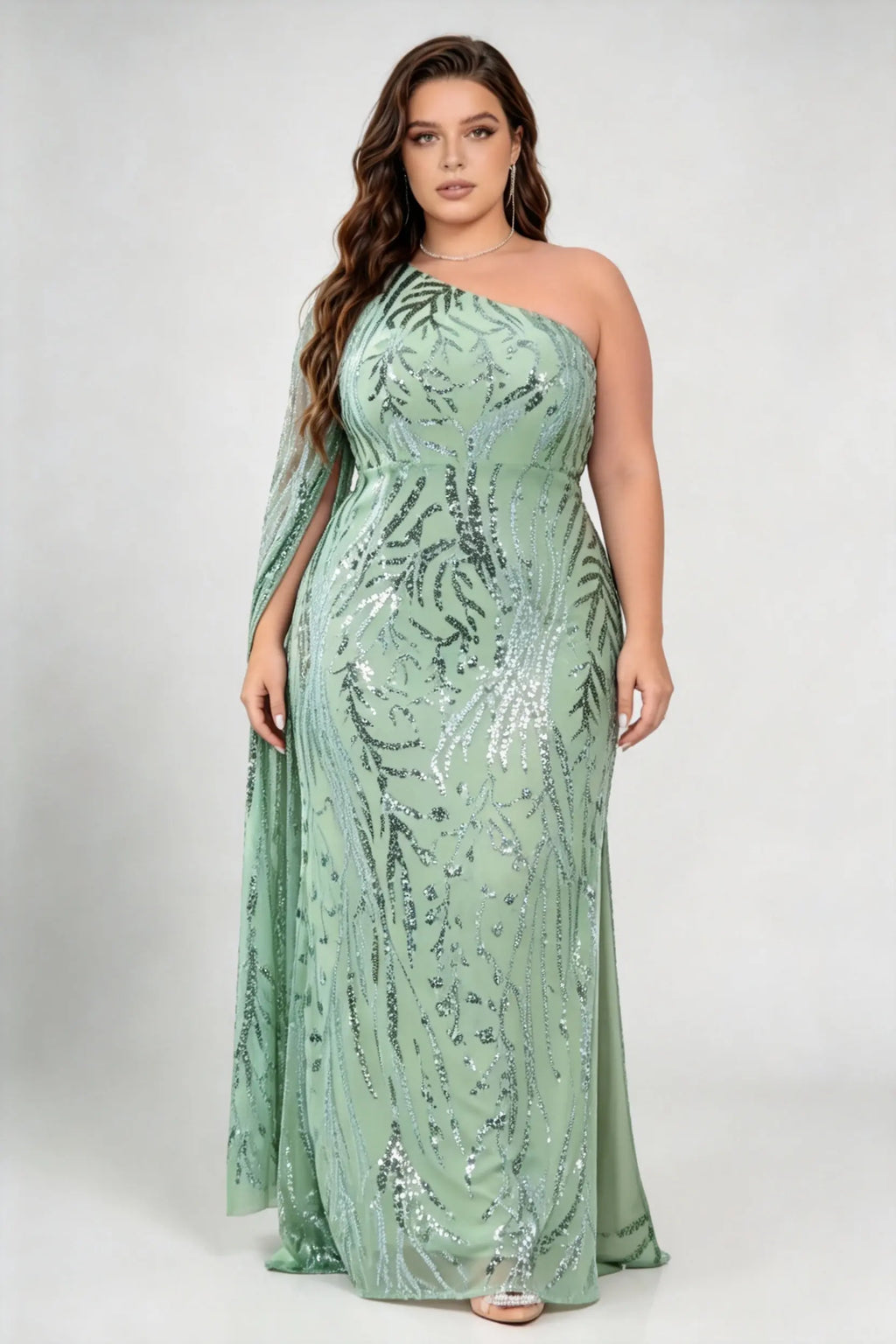 Plus Size One Shoulder Cape Sleeve Leaf Sequin High Slit Mermaid Maxi Formal Evening Gown