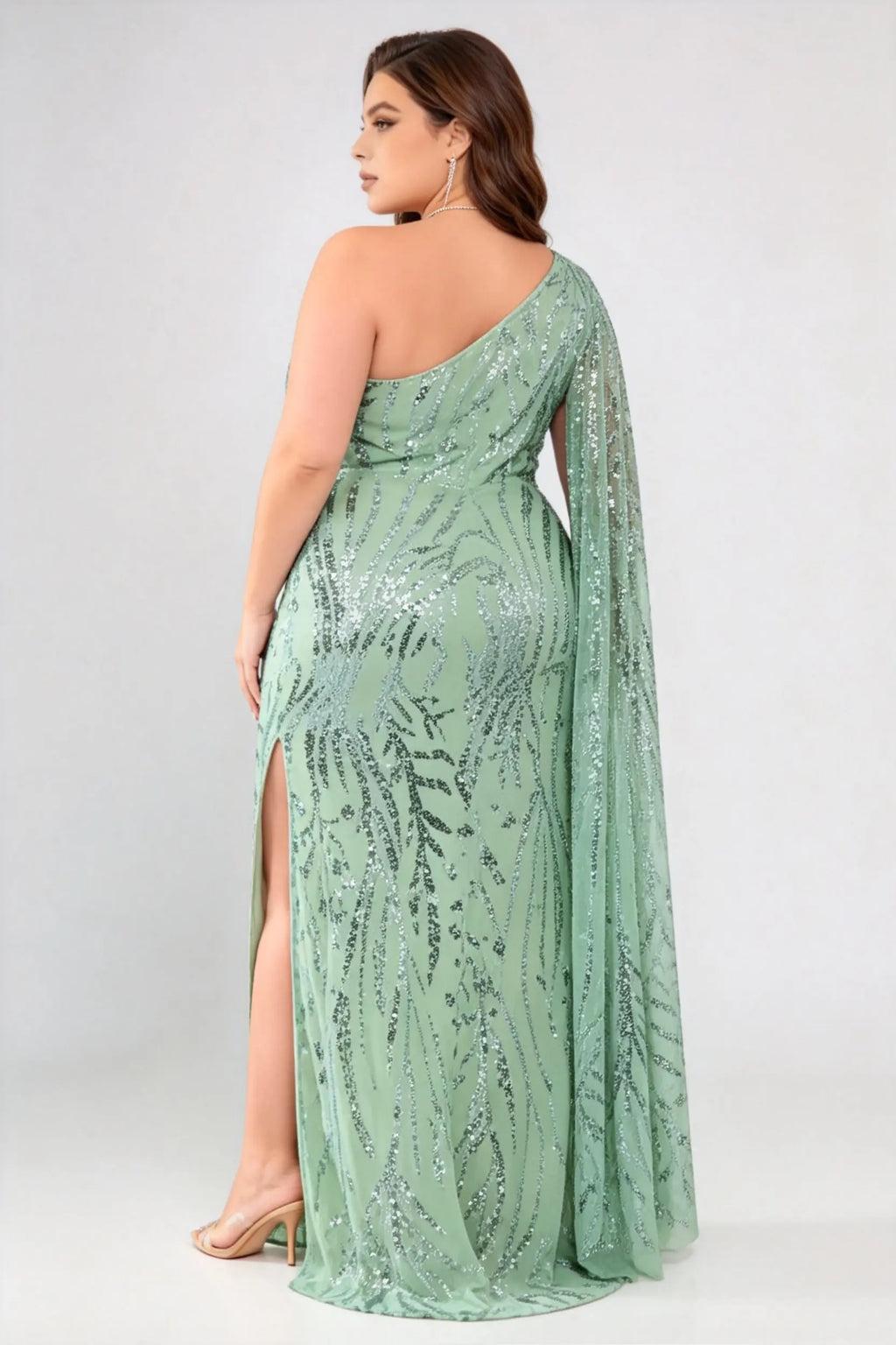 Plus Size One Shoulder Cape Sleeve Leaf Sequin High Slit Mermaid Maxi Formal Evening Gown