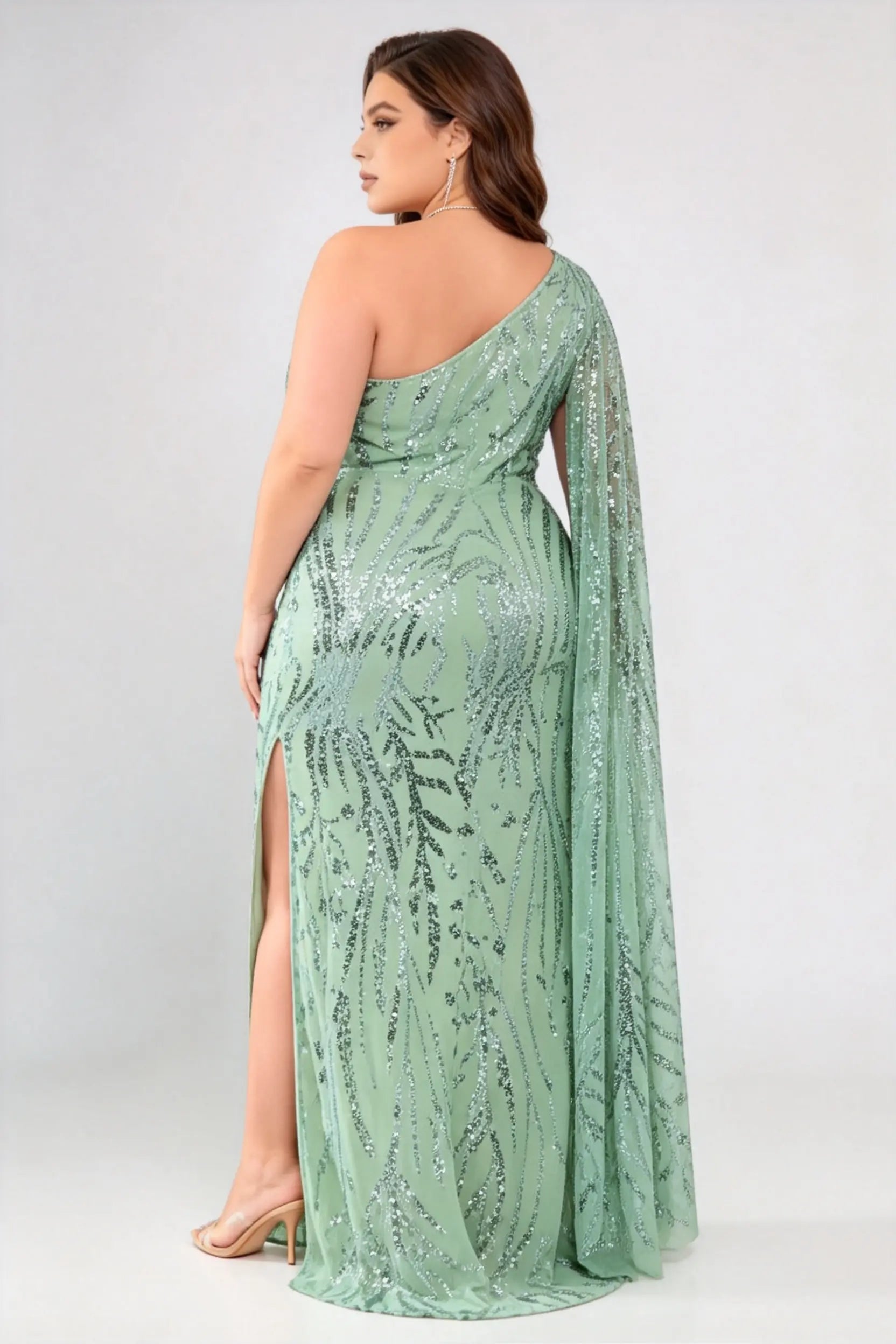 Plus Size One Shoulder Cape Sleeve Leaf Sequin High Slit Mermaid Maxi Formal Evening Gown