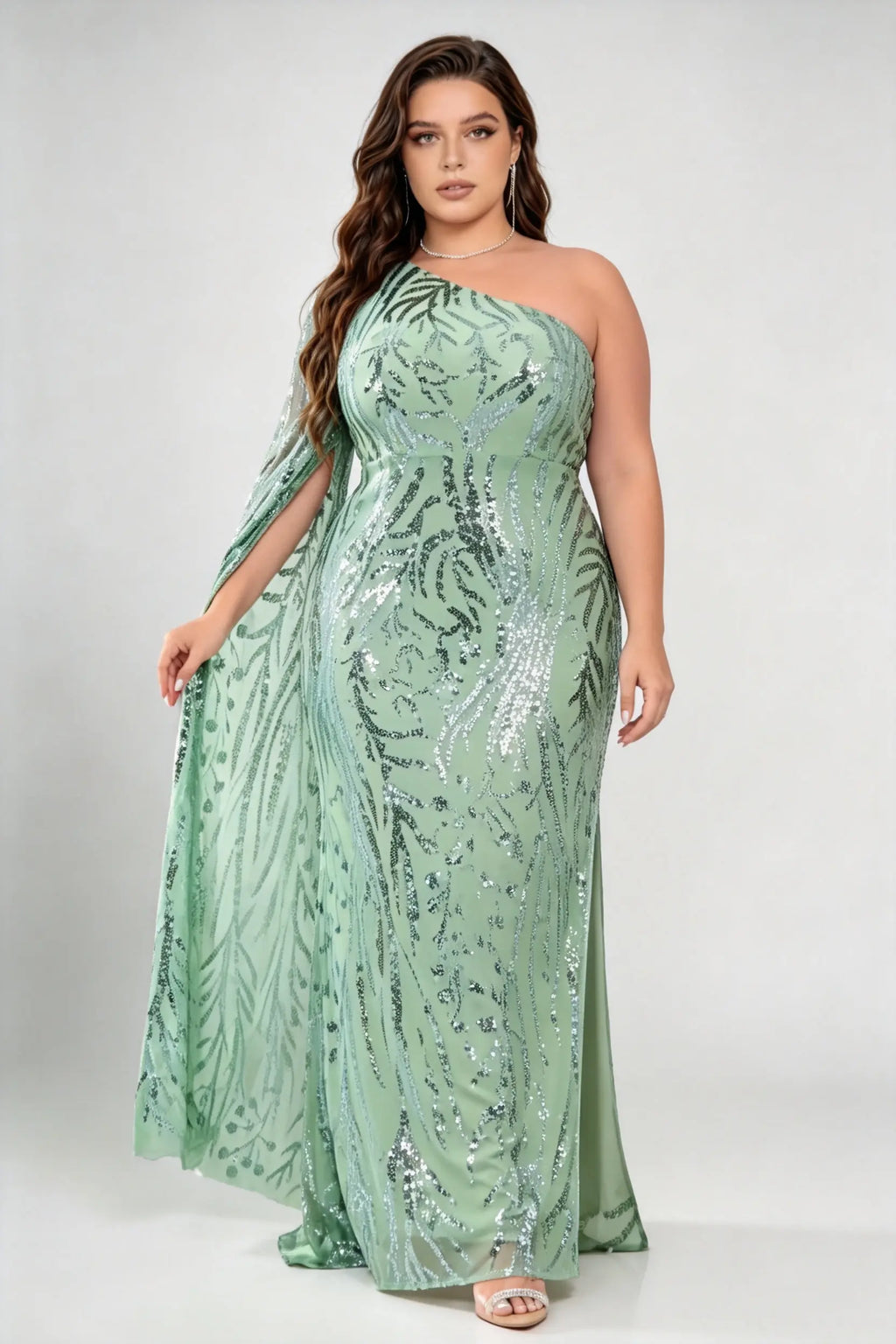 Plus Size One Shoulder Cape Sleeve Leaf Sequin High Slit Mermaid Maxi Formal Evening Gown