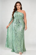 Plus Size One Shoulder Cape Sleeve Leaf Sequin High Slit Mermaid Maxi Formal Evening Gown