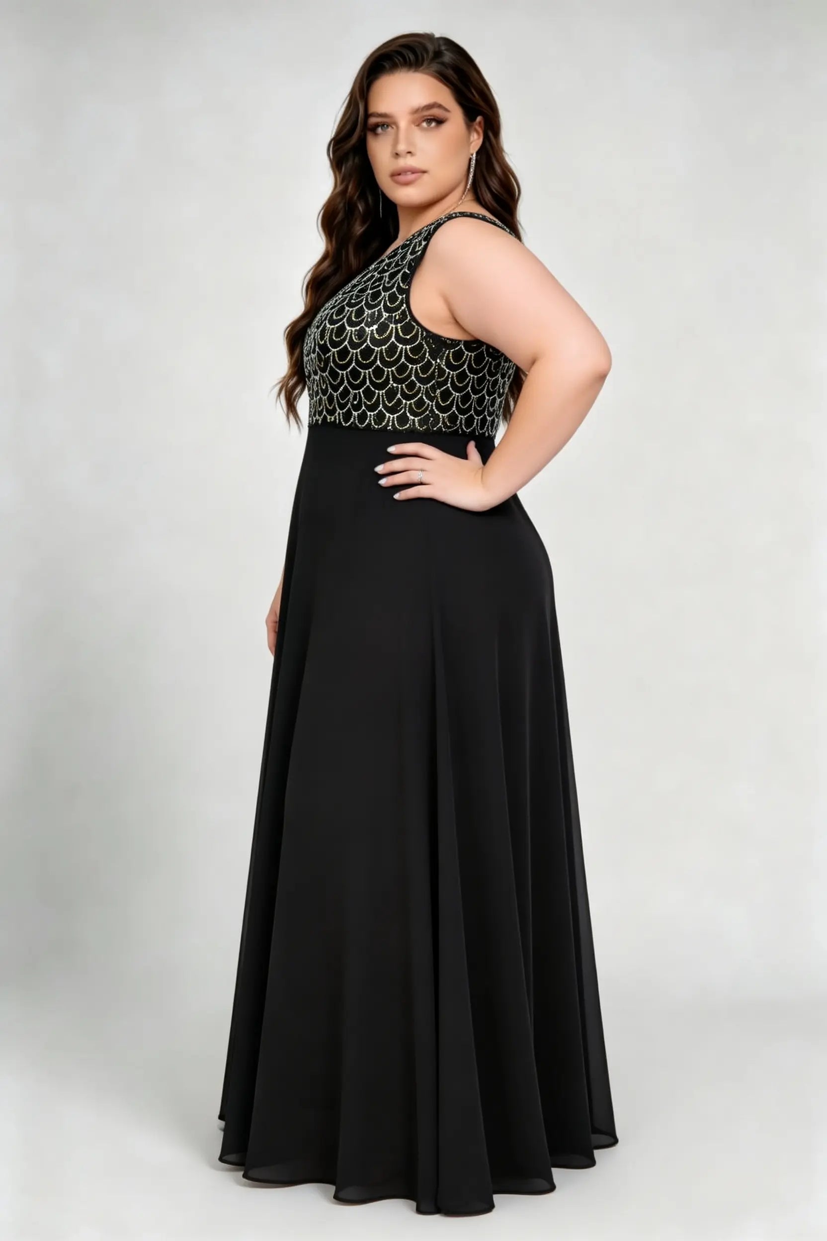 Plus Size V Neck Scale Sequin Bodice Chiffon A Line Sleeveless Maxi Bridesmaid Evening Gown