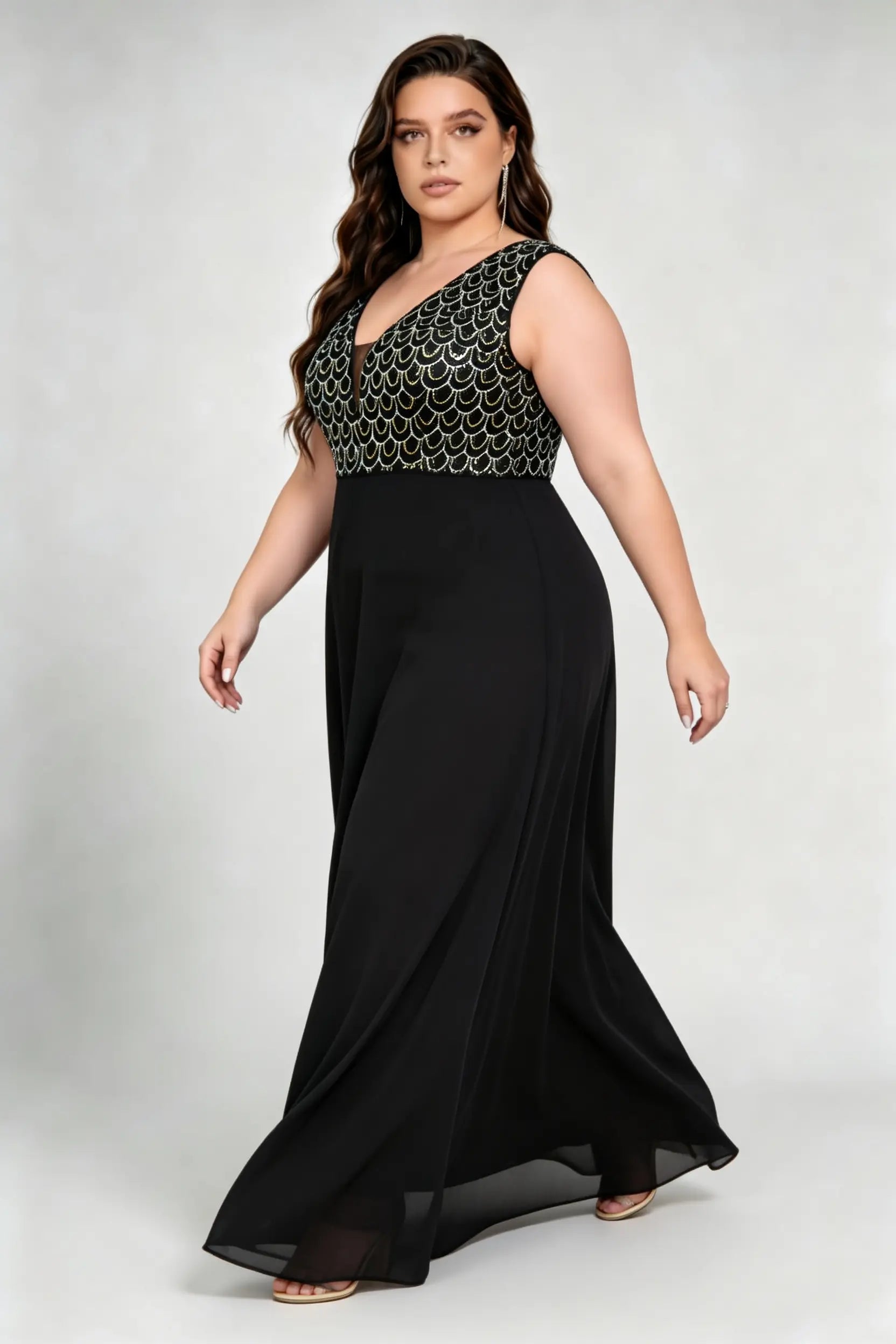 Plus Size V Neck Scale Sequin Bodice Chiffon A Line Sleeveless Maxi Bridesmaid Evening Gown