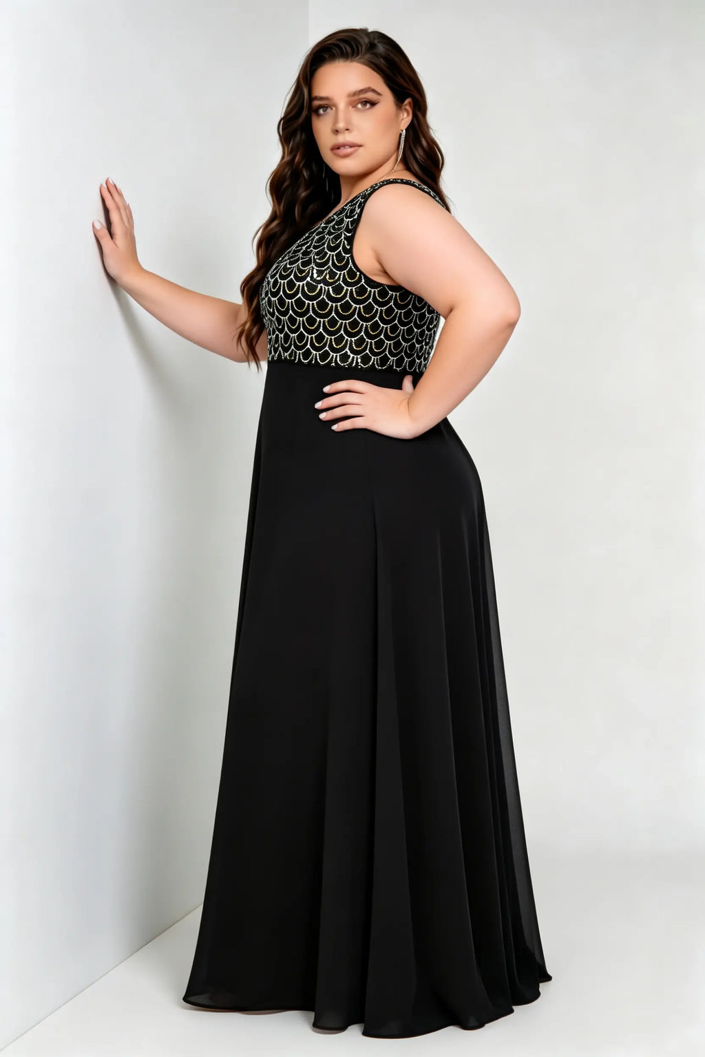 Plus Size V Neck Scale Sequin Bodice Chiffon A Line Sleeveless Maxi Bridesmaid Evening Gown