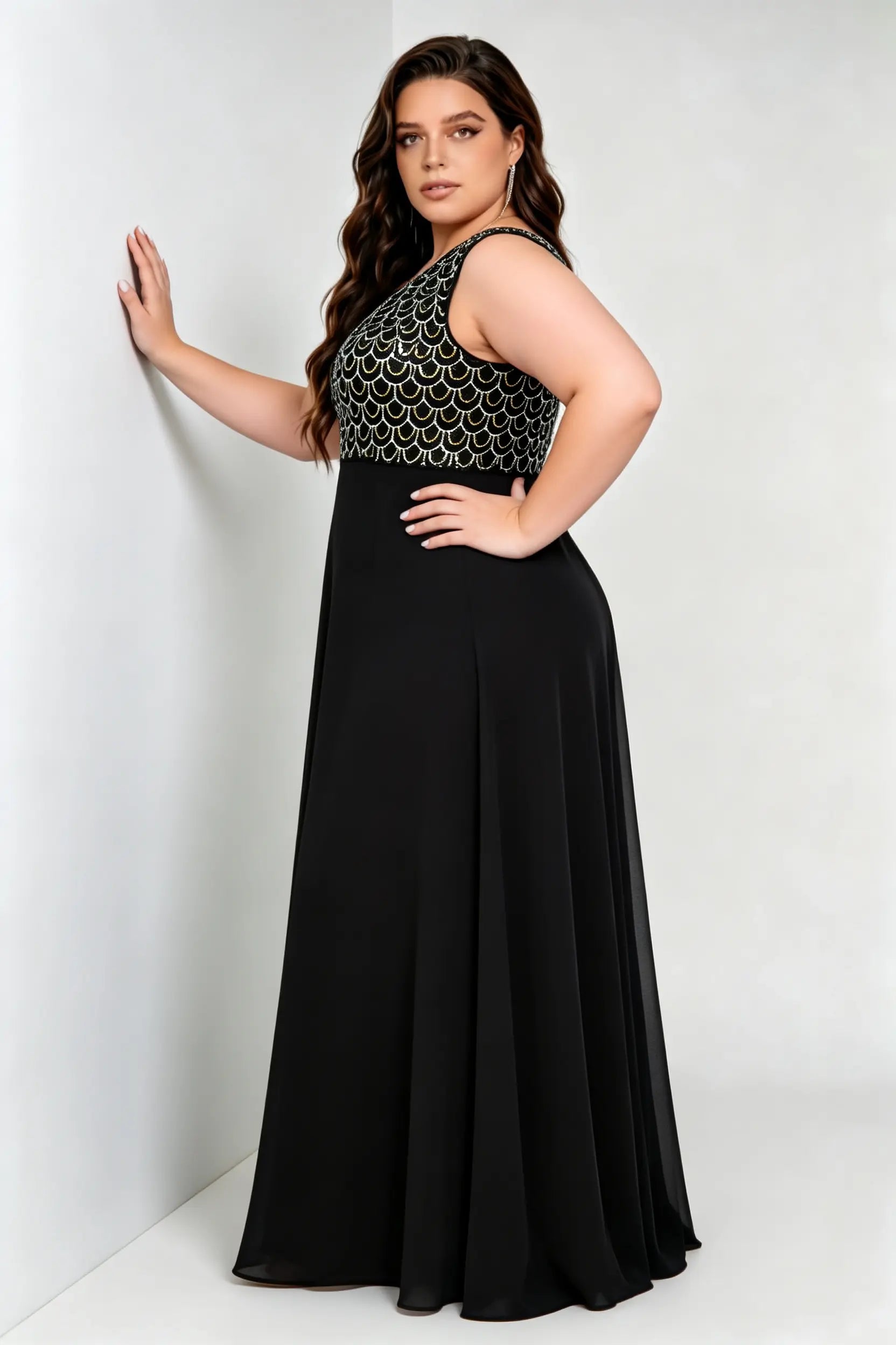 Plus Size V Neck Scale Sequin Bodice Chiffon A Line Sleeveless Maxi Bridesmaid Evening Gown