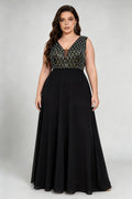 Plus Size V Neck Scale Sequin Bodice Chiffon A Line Sleeveless Maxi Bridesmaid Evening Gown