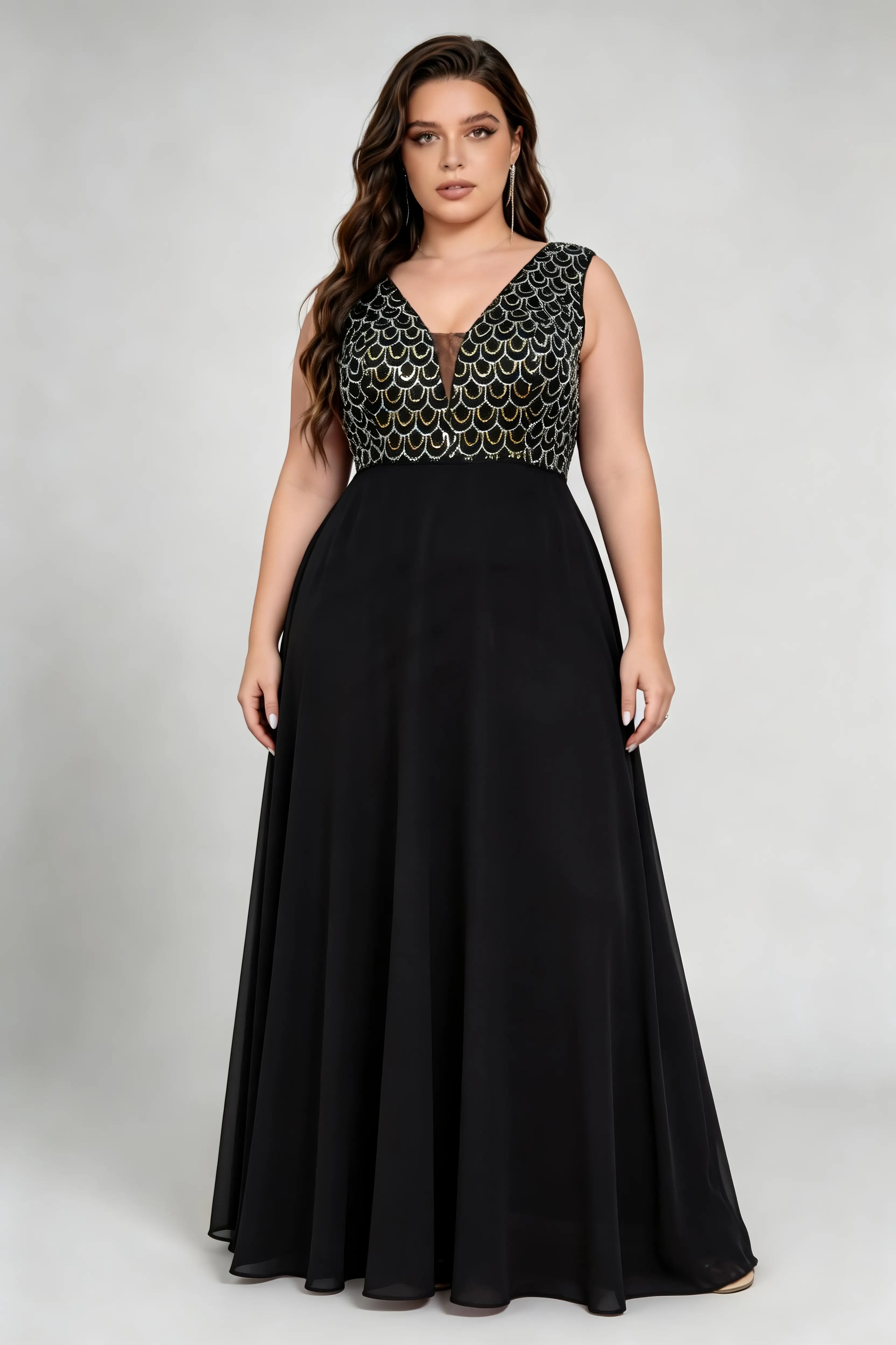 Plus Size V Neck Scale Sequin Bodice Chiffon A Line Sleeveless Maxi Bridesmaid Evening Gown