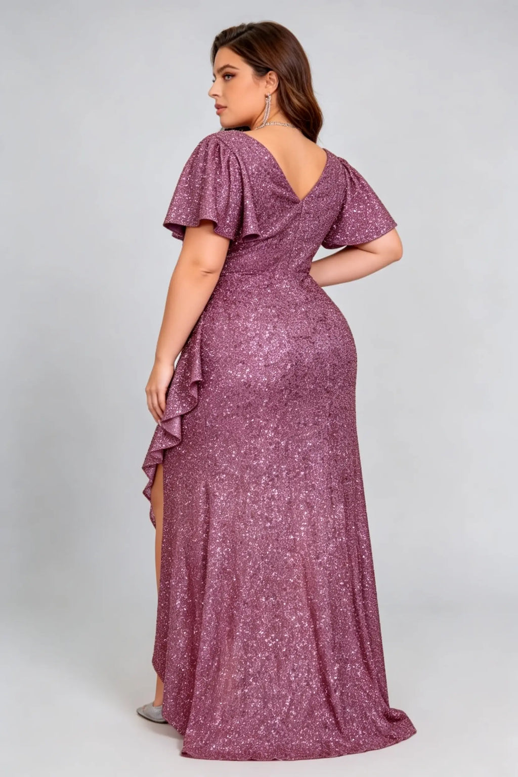 Plus Size V Neck Flutter Sleeve All Over Sequin Asymmetric Ruffle High Slit Mermaid Maxi Evening Dress