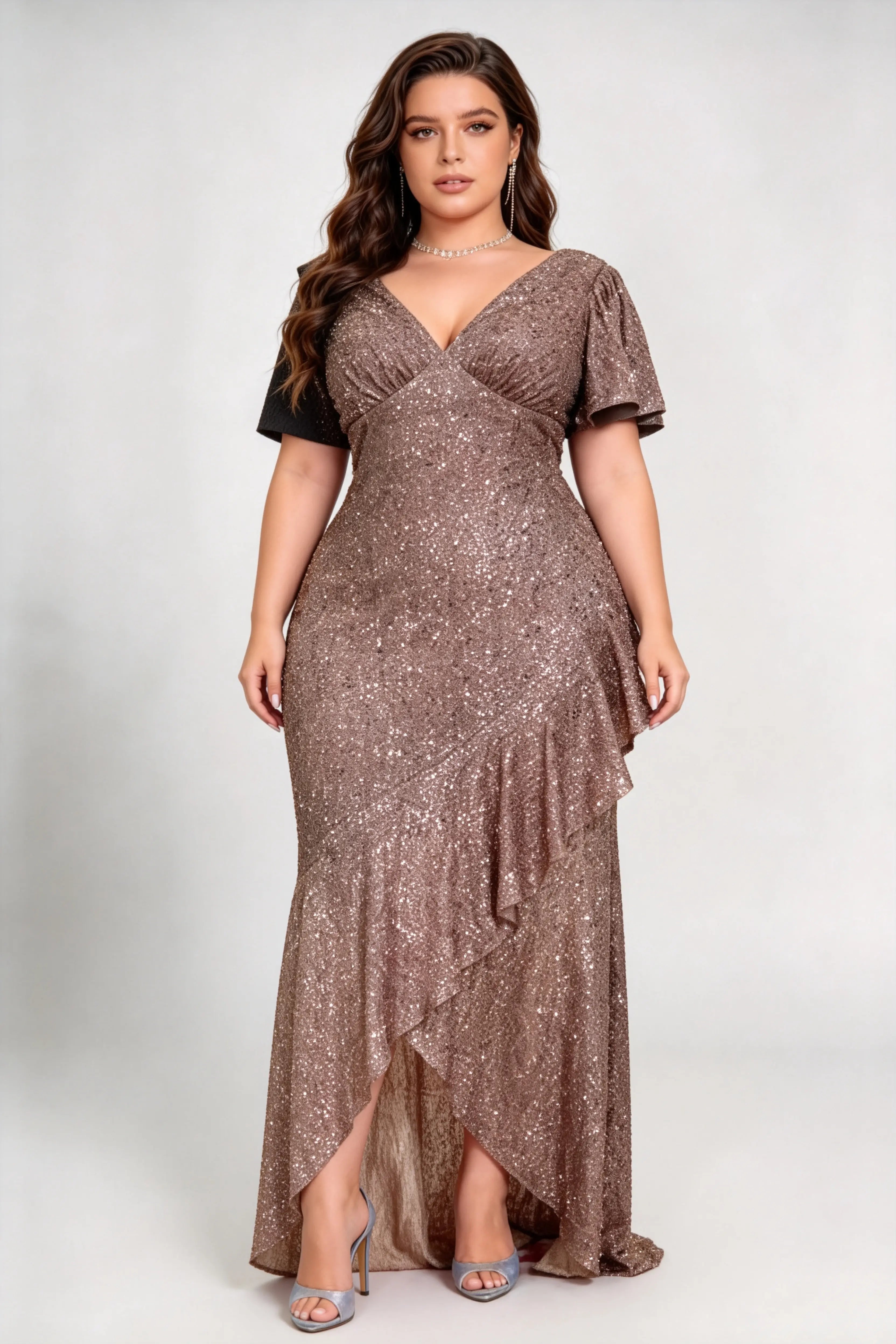 Curvy model wearing plus size champagne v neck flutter sleeve all over sequin asymmetric ruffle high slit mermaid maxi evening dress