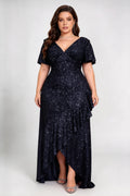 Plus Size V Neck Flutter Sleeve All Over Sequin Asymmetric Ruffle High Slit Mermaid Maxi Evening Dress