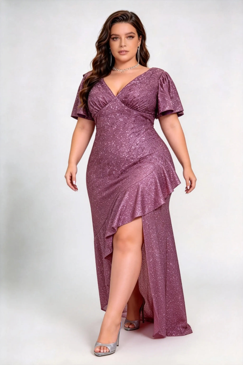 Plus Size V Neck Flutter Sleeve All Over Sequin Asymmetric Ruffle High Slit Mermaid Maxi Evening Dress