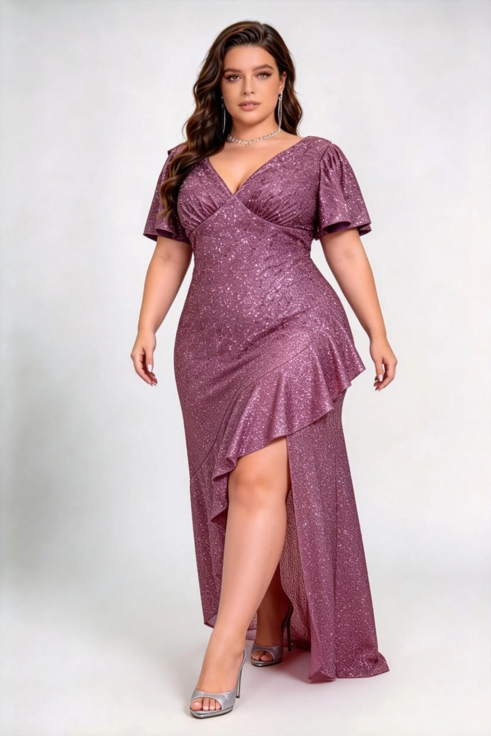 Plus Size V Neck Flutter Sleeve All Over Sequin Asymmetric Ruffle High Slit Mermaid Maxi Evening Dress