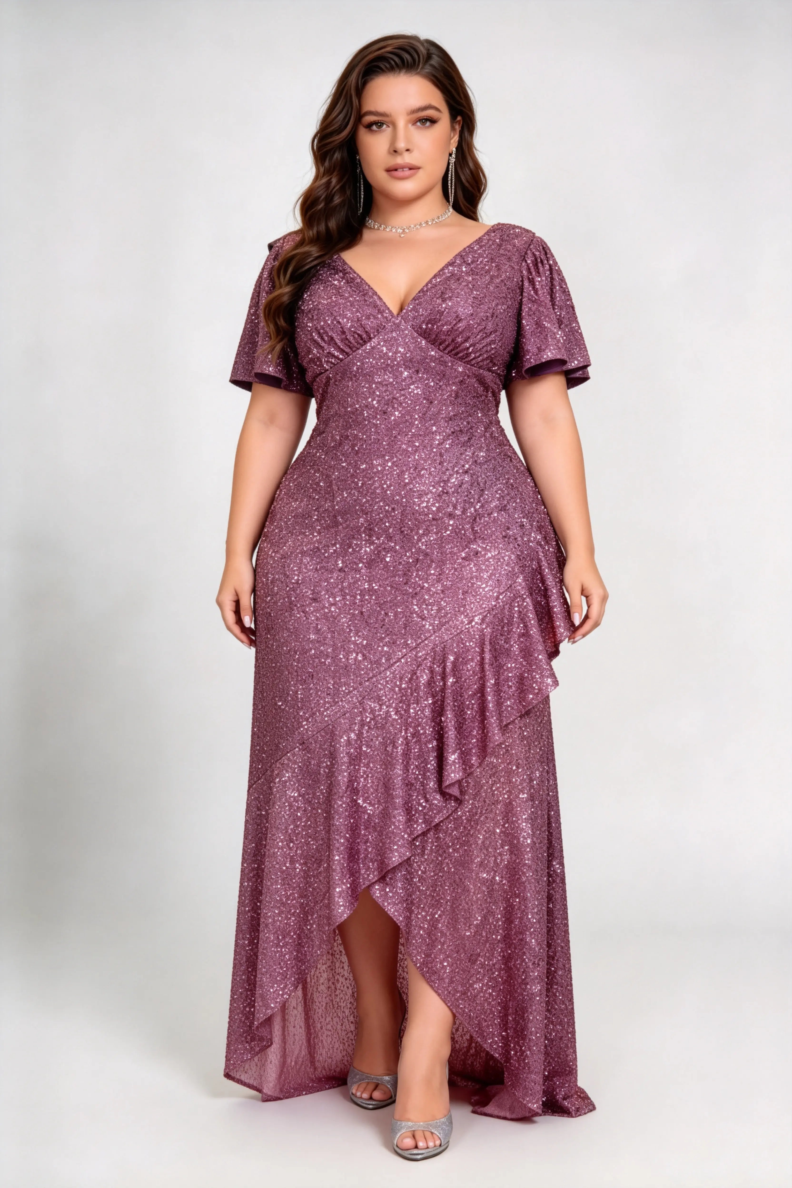 Curvy model wearing plus size pink v neck flutter sleeve all over sequin asymmetric ruffle high slit mermaid maxi evening dress