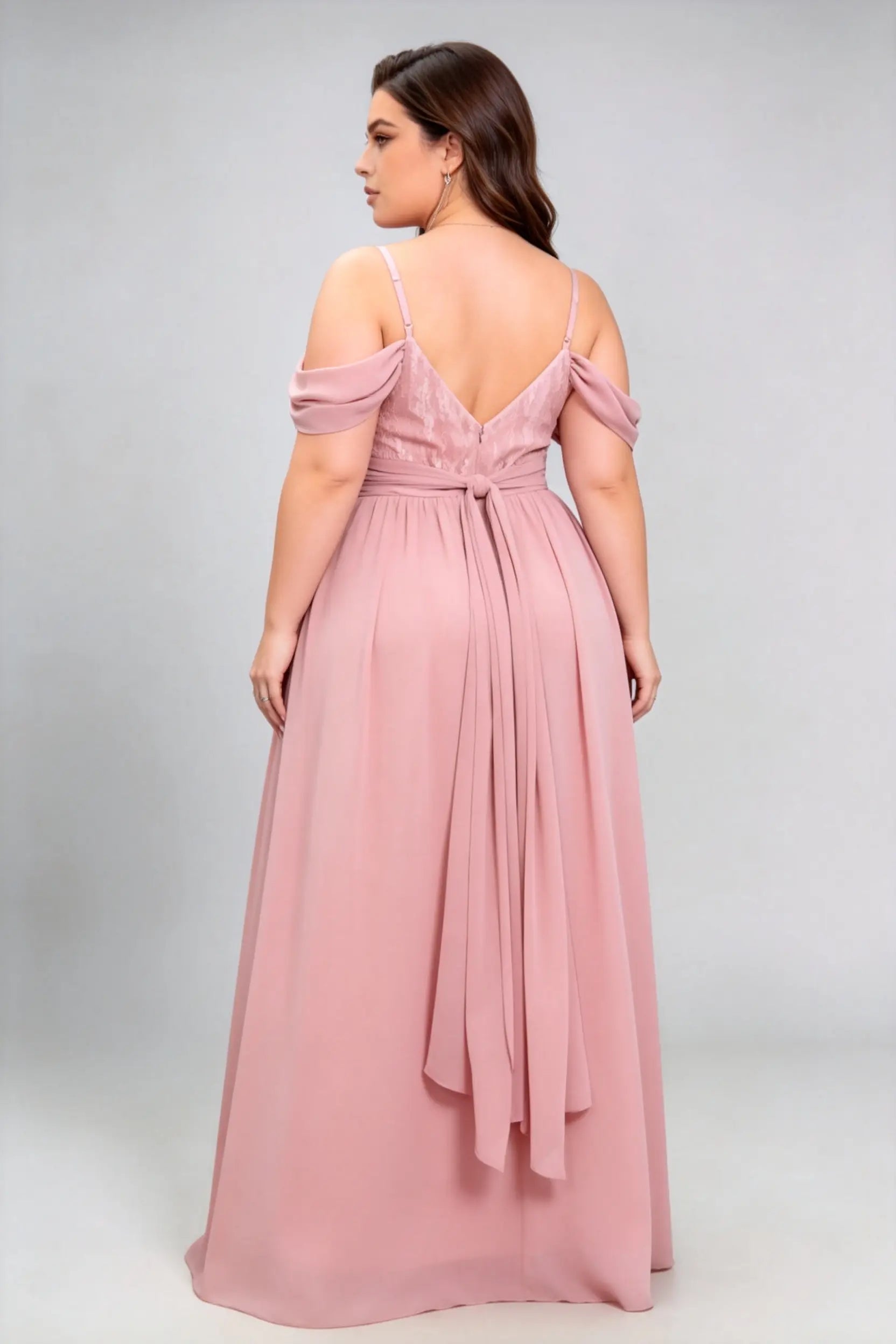 Plus Size Off Shoulder Drop Sleeve Lace Bodice Tie Waist Chiffon Split A Line Maxi Bridesmaid Dress