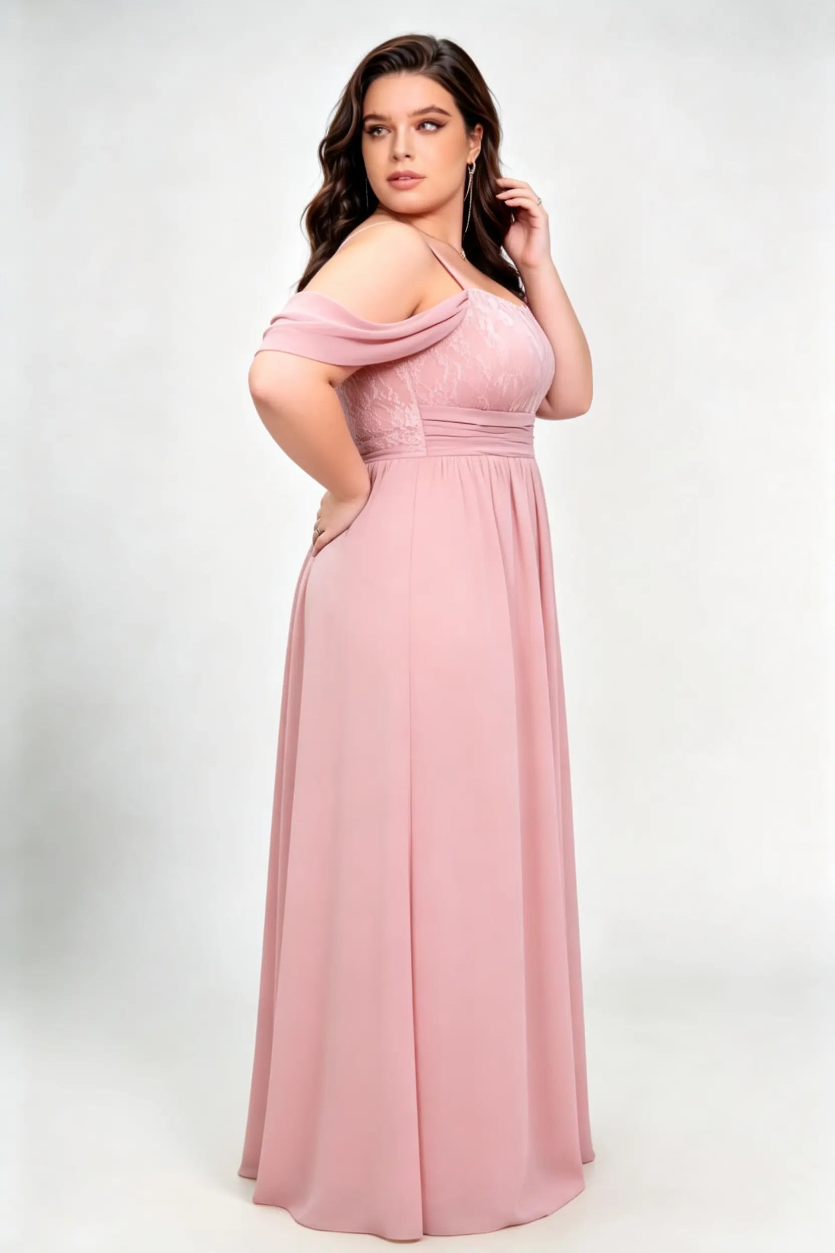 Plus Size Off Shoulder Drop Sleeve Lace Bodice Tie Waist Chiffon Split A Line Maxi Bridesmaid Dress