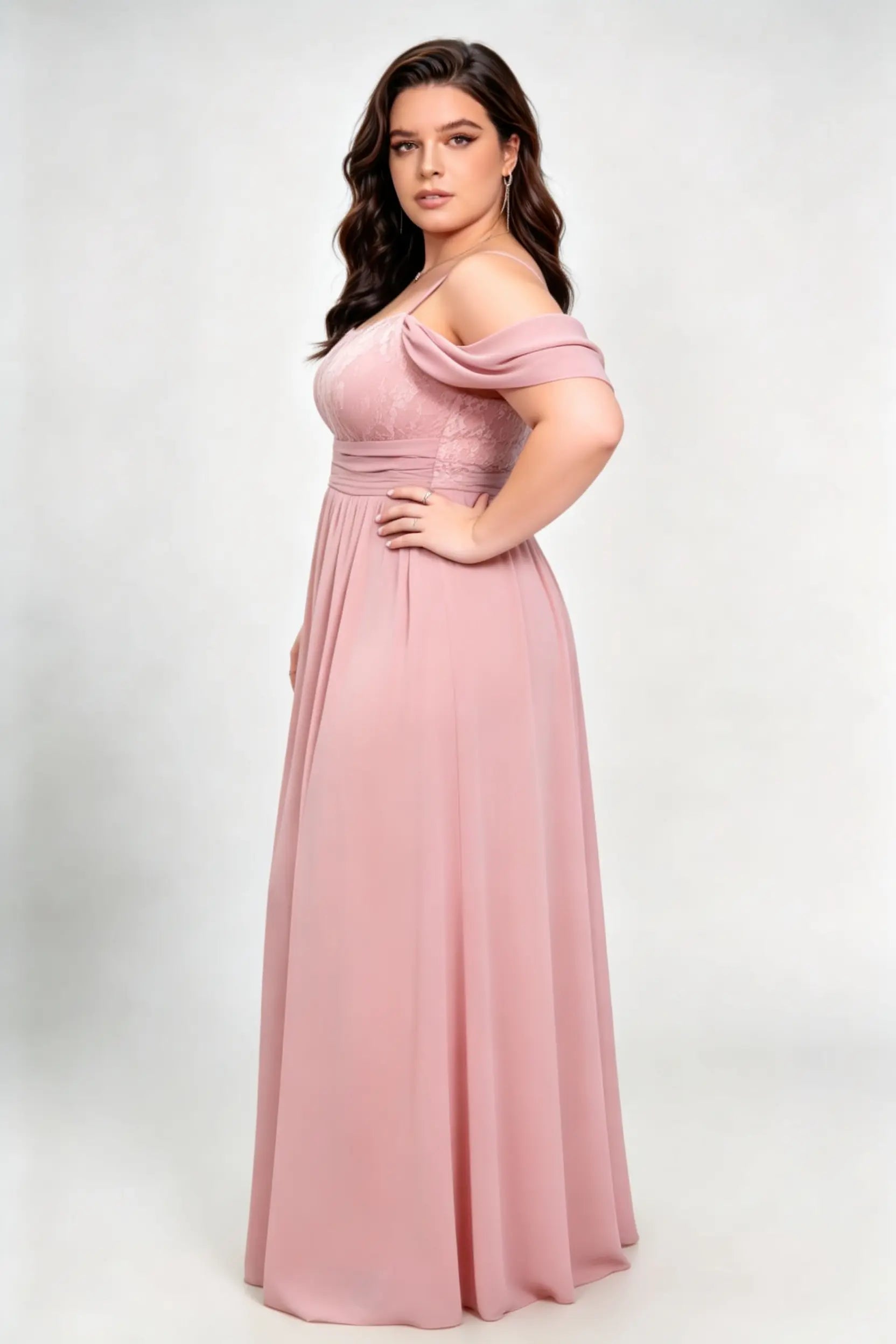 Plus Size Off Shoulder Drop Sleeve Lace Bodice Tie Waist Chiffon Split A Line Maxi Bridesmaid Dress