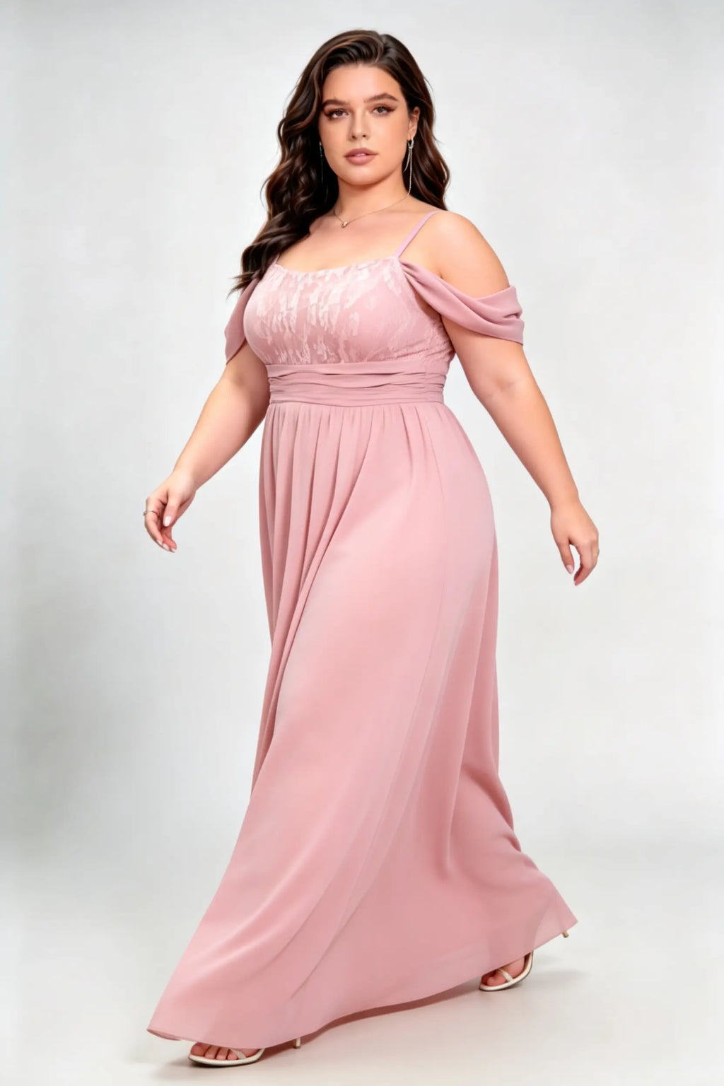 Plus Size Off Shoulder Drop Sleeve Lace Bodice Tie Waist Chiffon Split A Line Maxi Bridesmaid Dress