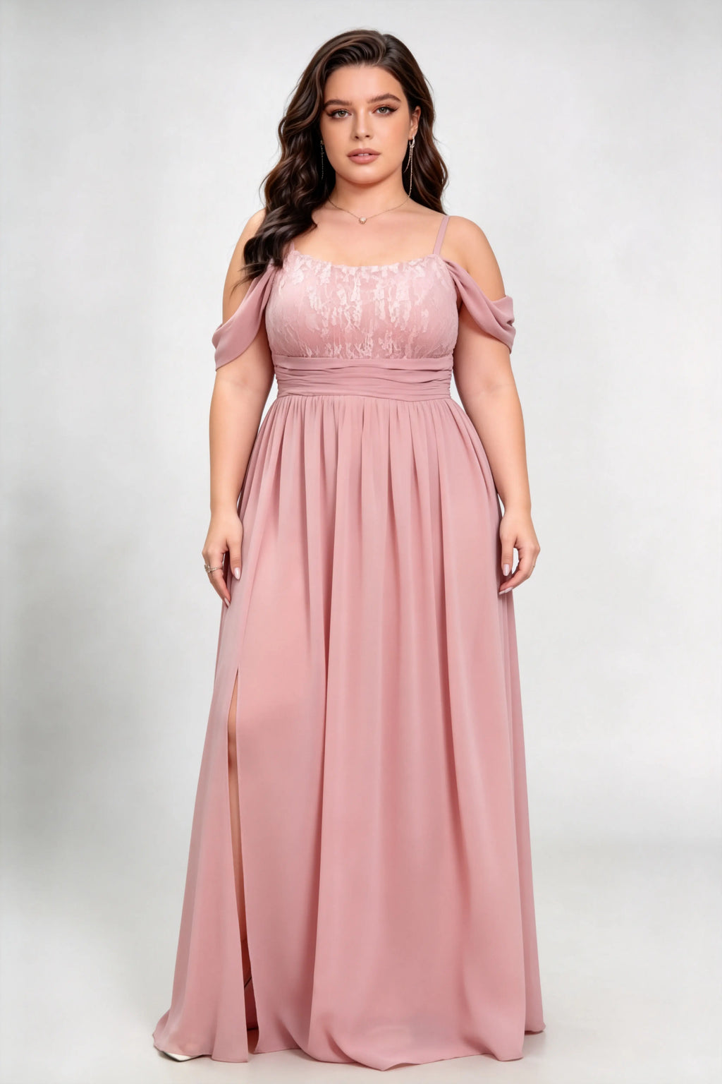 Plus Size Off Shoulder Drop Sleeve Lace Bodice Tie Waist Chiffon Split A Line Maxi Bridesmaid Dress