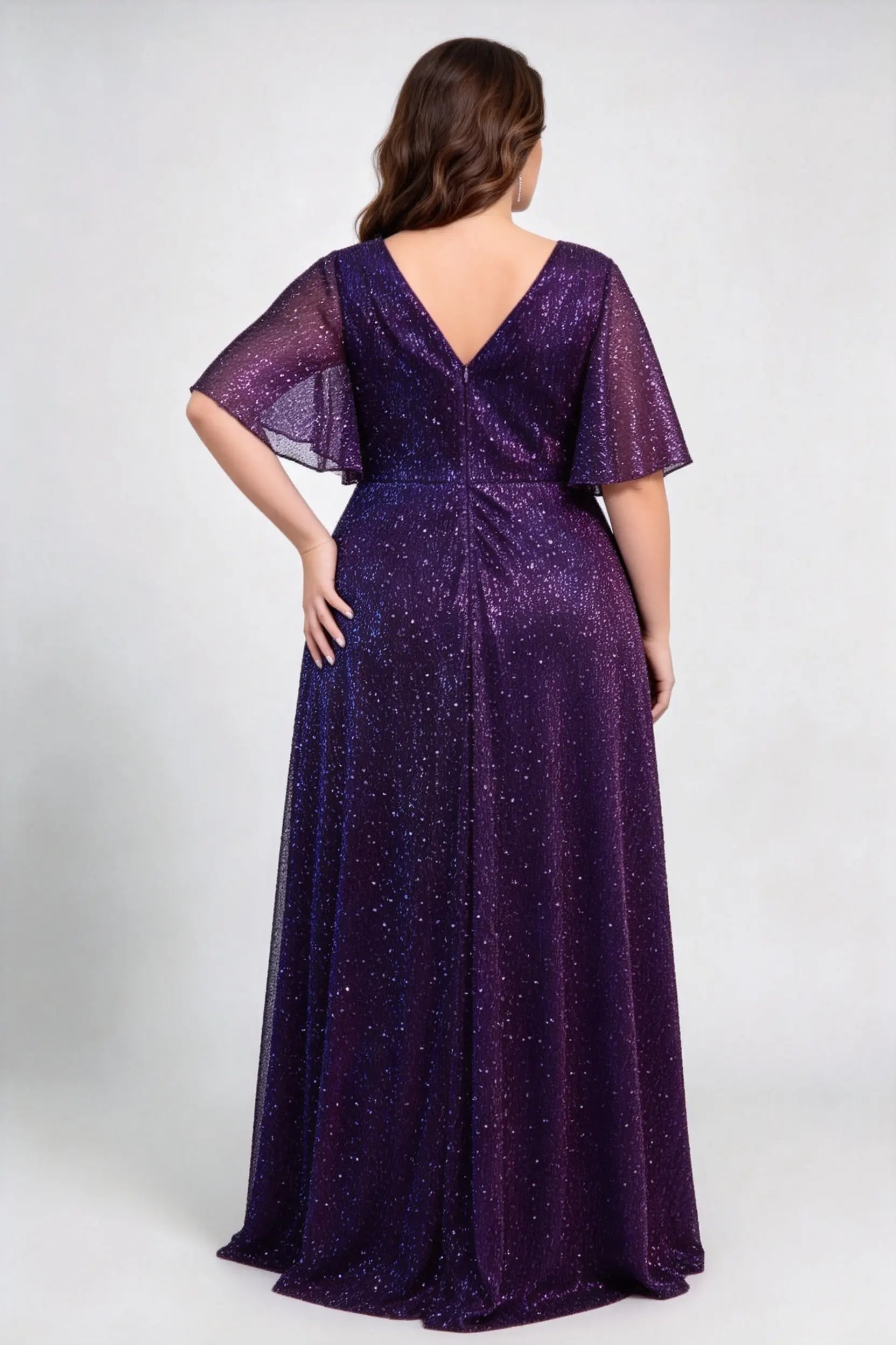 Plus Size Deep V Neck Flutter Short Sleeve All Over Glitter Sequin Empire Waist A Line Maxi Evening Dress