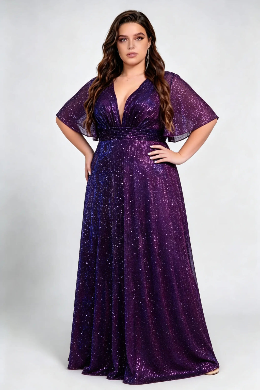 Plus Size Deep V Neck Flutter Short Sleeve All Over Glitter Sequin Empire Waist A Line Maxi Evening Dress