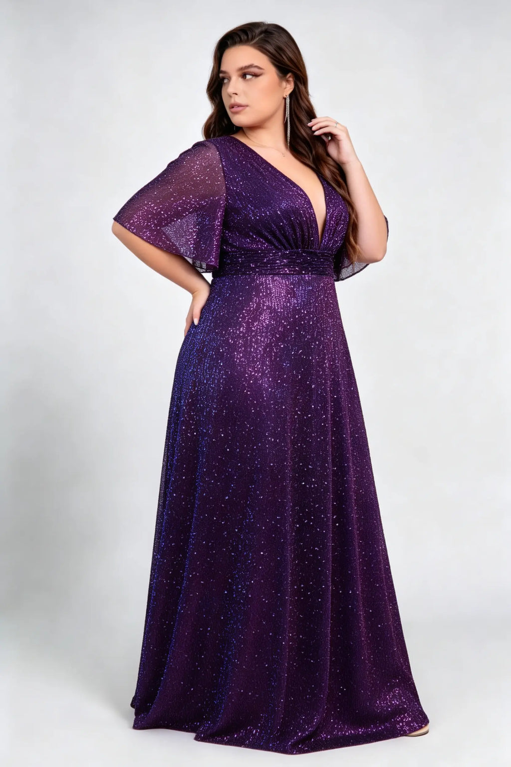 Plus Size Deep V Neck Flutter Short Sleeve All Over Glitter Sequin Empire Waist A Line Maxi Evening Dress