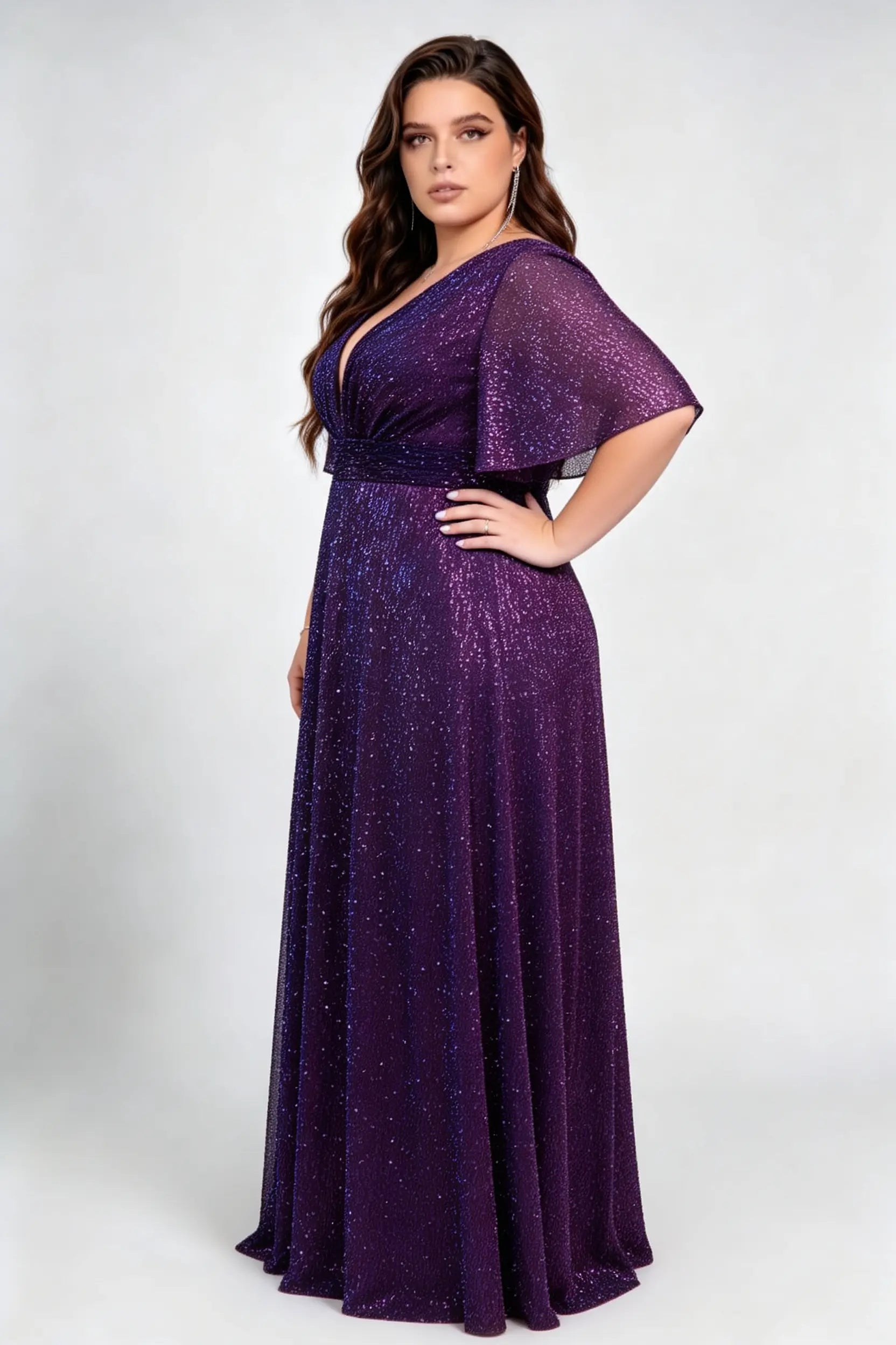 Plus Size Deep V Neck Flutter Short Sleeve All Over Glitter Sequin Empire Waist A Line Maxi Evening Dress