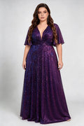 Plus Size Deep V Neck Flutter Short Sleeve All Over Glitter Sequin Empire Waist A Line Maxi Evening Dress