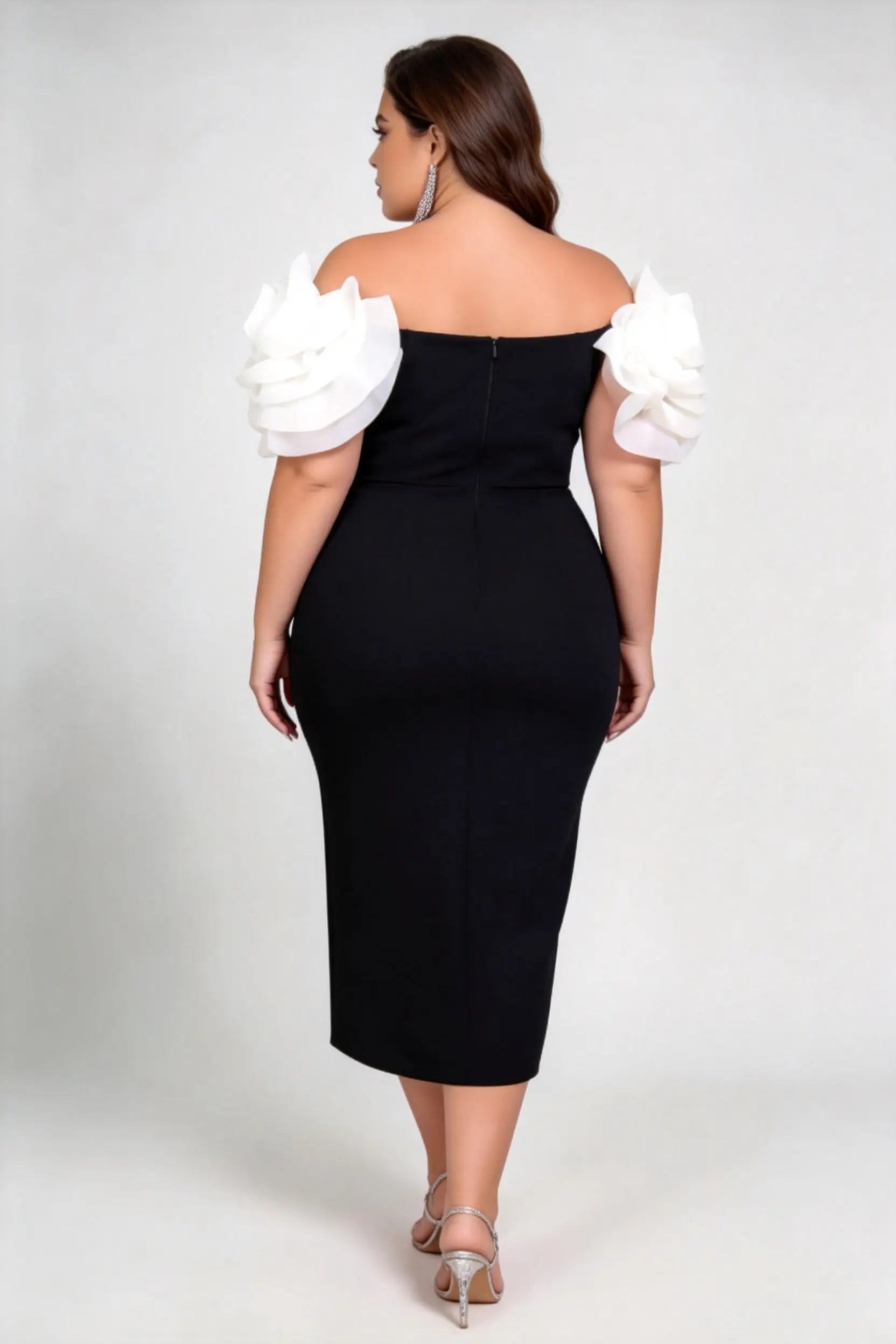 Plus Size Off Shoulder 3D Organza Floral Sleeve Bodycon Midi Formal Evening Dress
