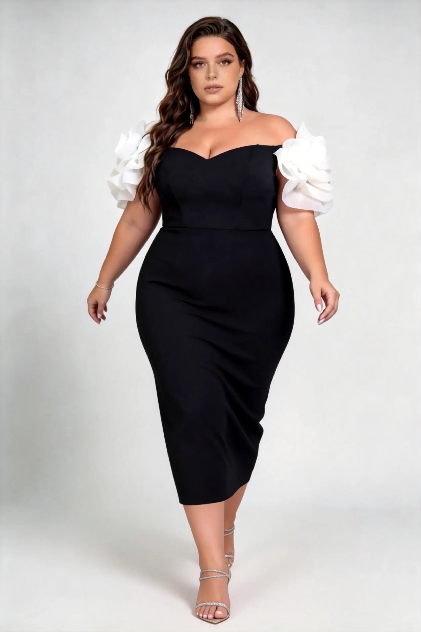 Plus Size Off Shoulder 3D Organza Floral Sleeve Bodycon Midi Formal Evening Dress