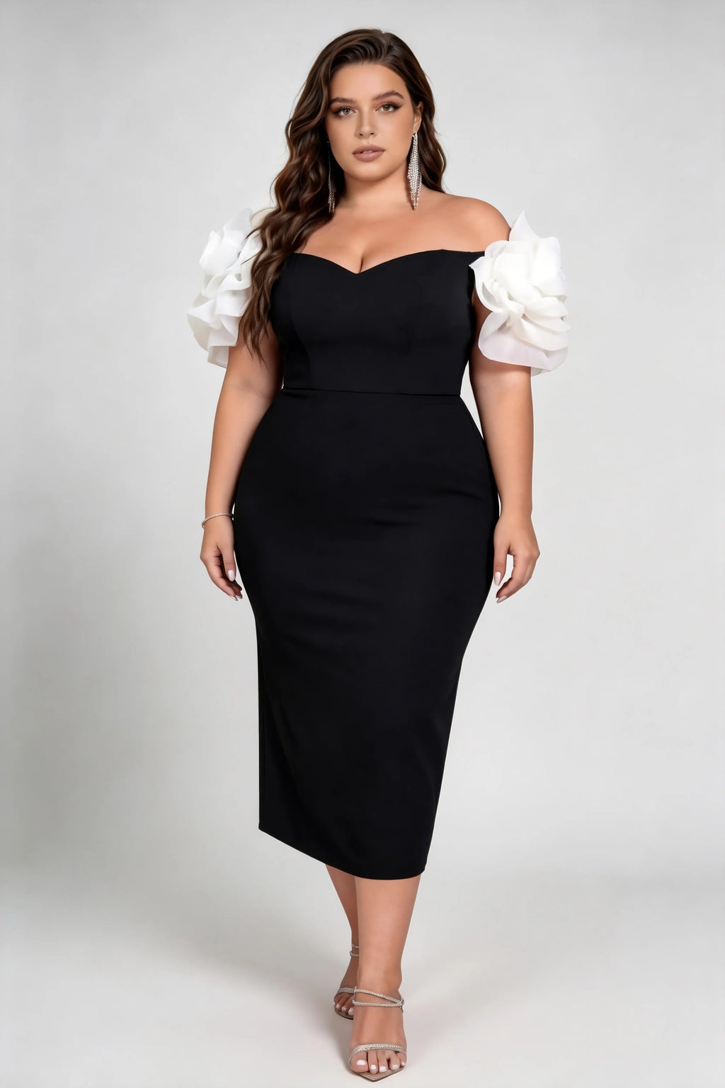 Plus Size Off Shoulder 3D Organza Floral Sleeve Bodycon Midi Formal Evening Dress
