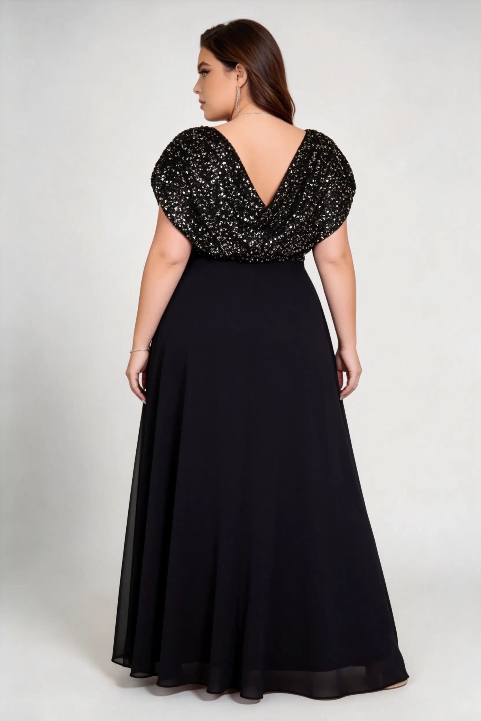 Plus Size Cowl V Neck Flutter Cap Sleeve Mixed Glitter Sequin Chiffon Split A Line Maxi Evening Dress