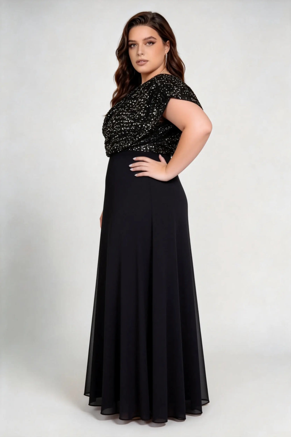 Plus Size Cowl V Neck Flutter Cap Sleeve Mixed Glitter Sequin Chiffon Split A Line Maxi Evening Dress