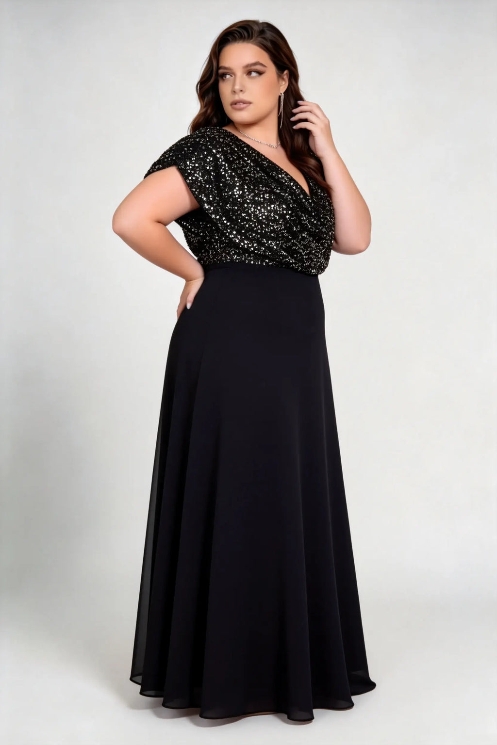 Plus Size Cowl V Neck Flutter Cap Sleeve Mixed Glitter Sequin Chiffon Split A Line Maxi Evening Dress