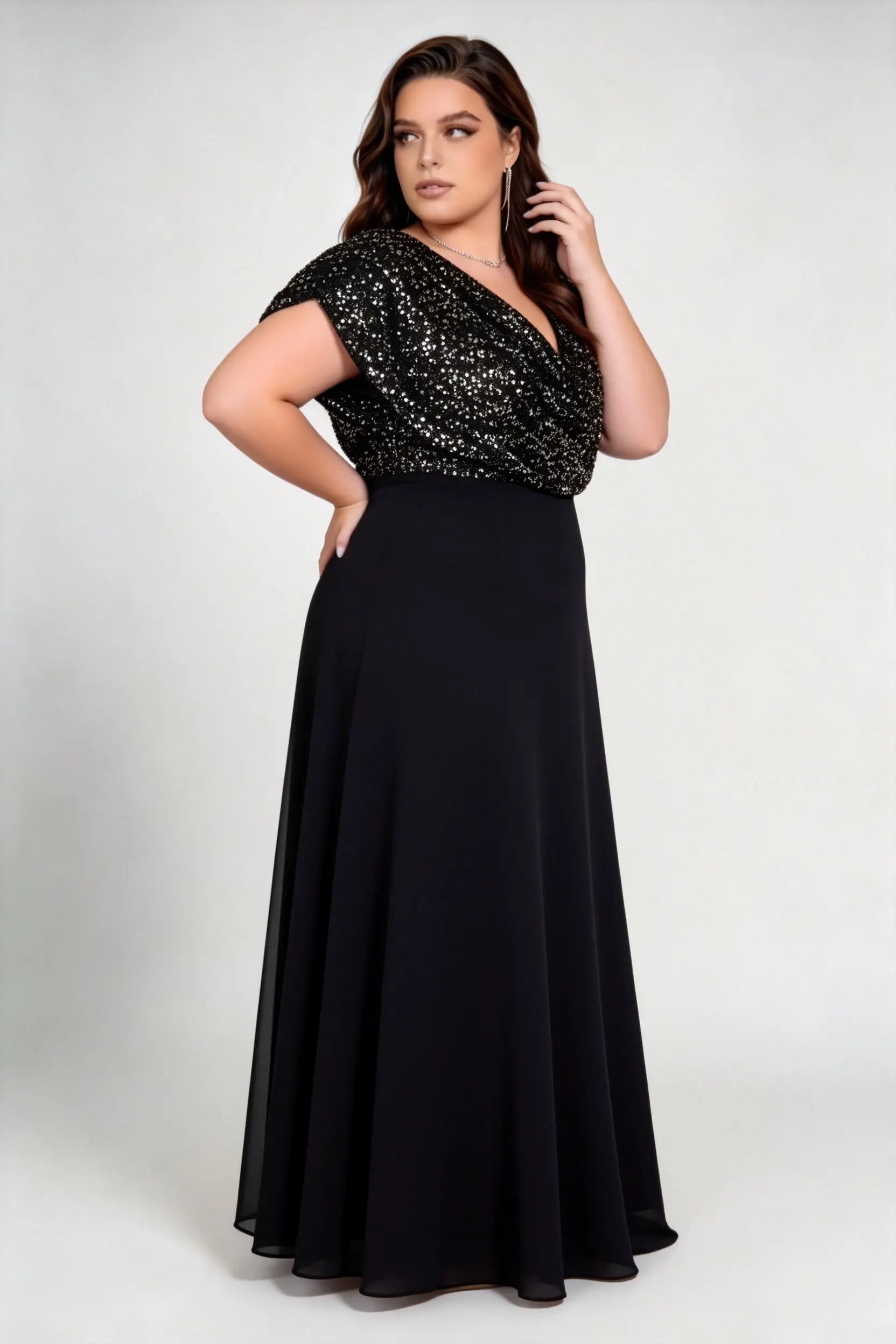 Plus Size Cowl V Neck Flutter Cap Sleeve Mixed Glitter Sequin Chiffon Split A Line Maxi Evening Dress