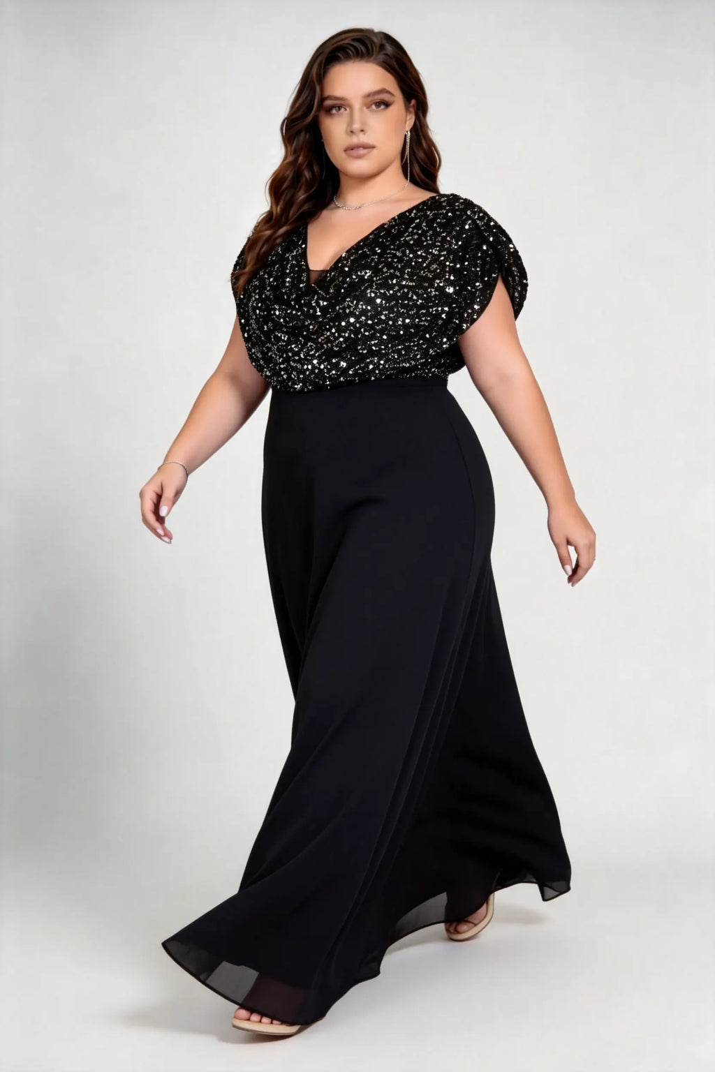 Plus Size Cowl V Neck Flutter Cap Sleeve Mixed Glitter Sequin Chiffon Split A Line Maxi Evening Dress
