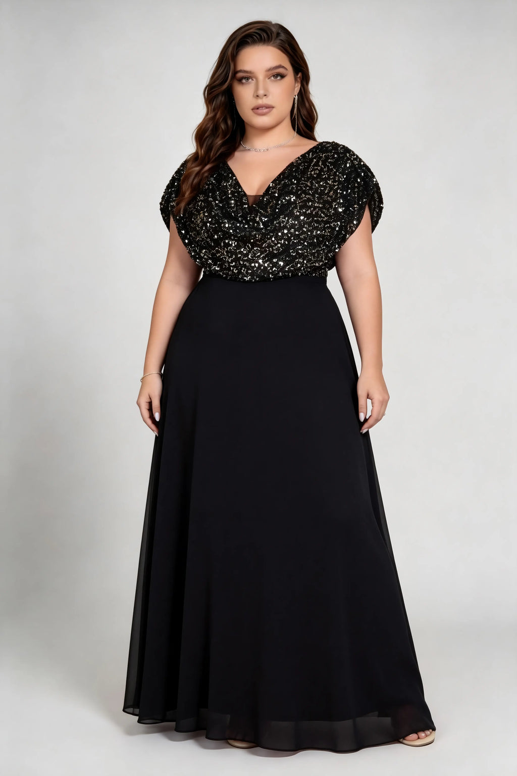 Plus Size Cowl V Neck Flutter Cap Sleeve Mixed Glitter Sequin Chiffon Split A Line Maxi Evening Dress
